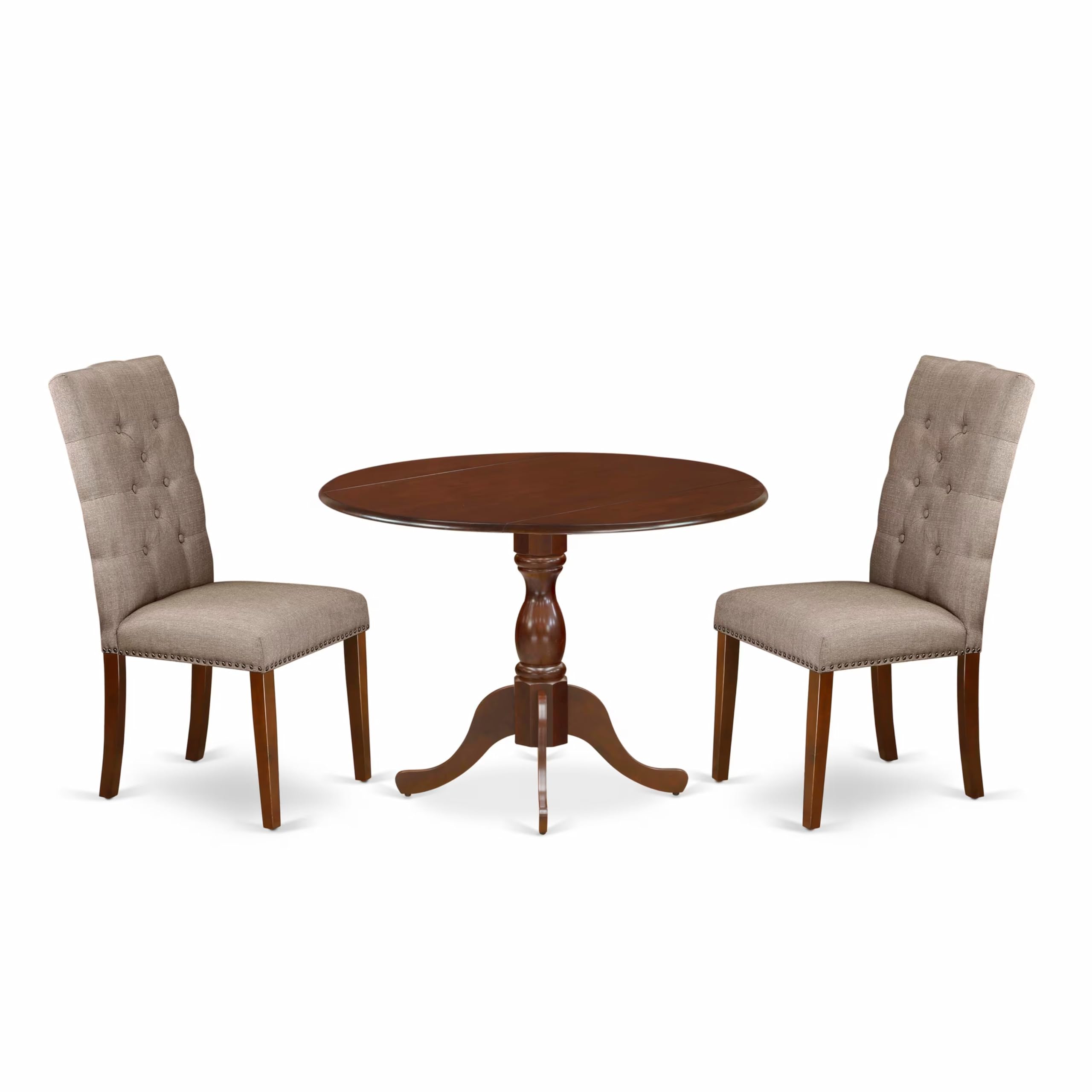 East West Furniture DMEL3-MAH-16 3-Piece Round Kitchen Dining Table Set with Drop Leaf & 2 Dark Khaki Linen Upholstered Chairs, 42x42 Inch, Mahogany - Perfect for Small Spaces, Breakfast Nooks & Cozy Apartments
