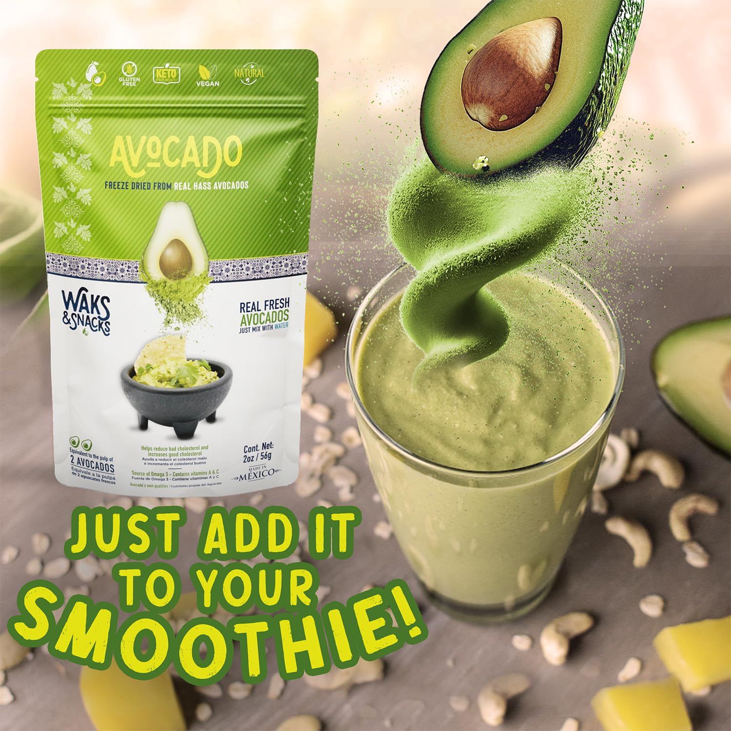 Freeze-Dried Avocado Slices - 100% Natural Hass Avocados | Vegan, Gluten-Free, Non-GMO Snack | Perfect for Toast, Salads & Smoothie Bowls | Great for Camping, Hiking & Emergency Food Storage | 2 Oz Resealable Pack (1-Pack)