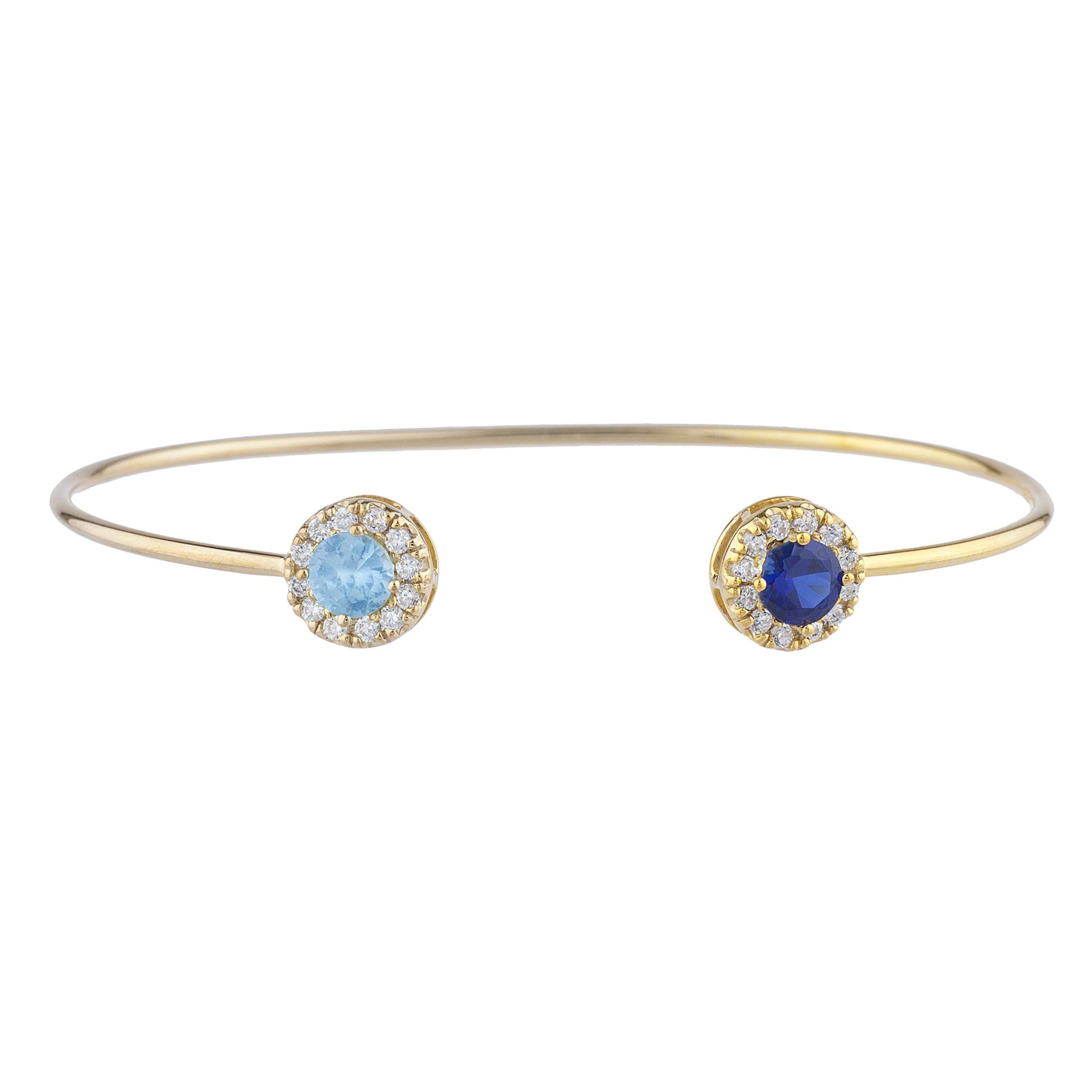 14K Gold Blue Sapphire & Simulated Blue Topaz Halo Bangle Bracelet for Women - Elegant Jewelry Gift for Birthday, Anniversary & Special Occasions
