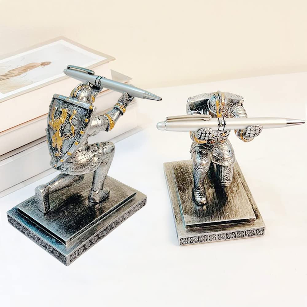 Medieval Knight Pen Holder - Iron Shield Soldier Desk Organizer & Pencil Holder for Office, Gaming Room, or Medieval-Themed Decor
