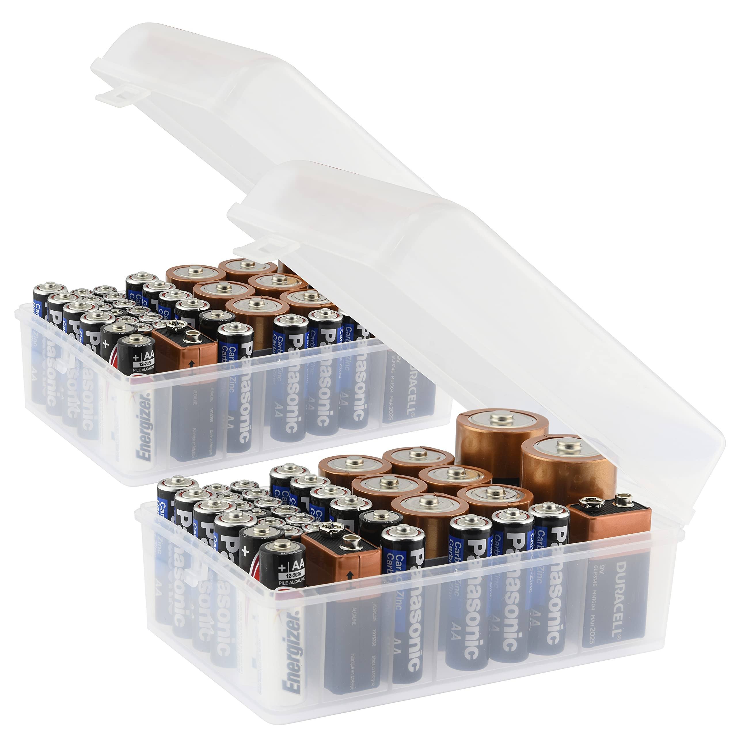 GlossyEnd 2-Pack 37-Slot Multi Battery Storage Box - Organizer Case for AA, AAA, C, D & 9V Batteries - Clear Plastic Battery Holder for Home, Office & Travel Use