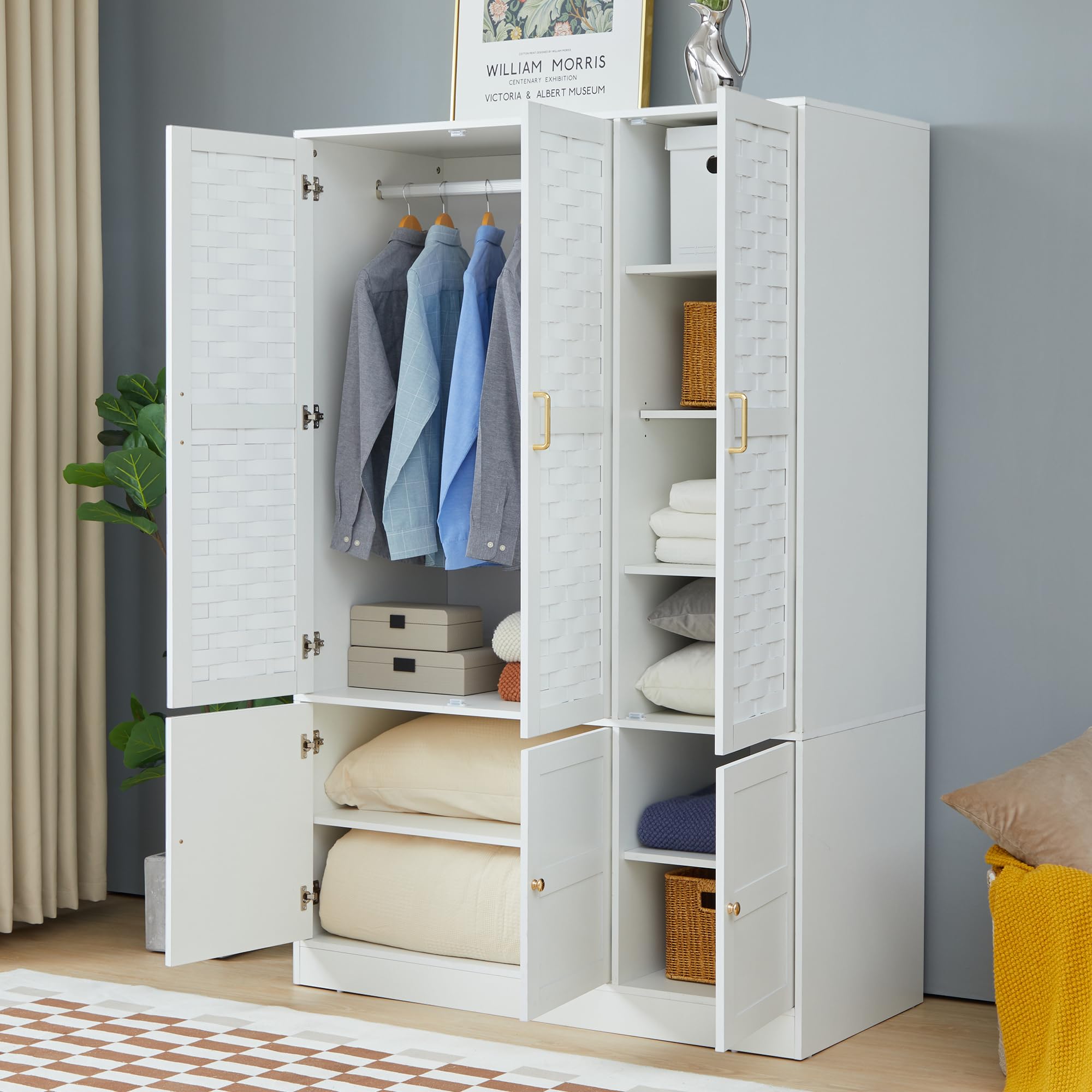 LEVNARY 6-Door Woven Wardrobe Closet - White Freestanding Armoire Cabinet with Adjustable Shelves & Hanging Rail | High Capacity Storage Organizer for Bedroom, Closet & Dorm Room Organization