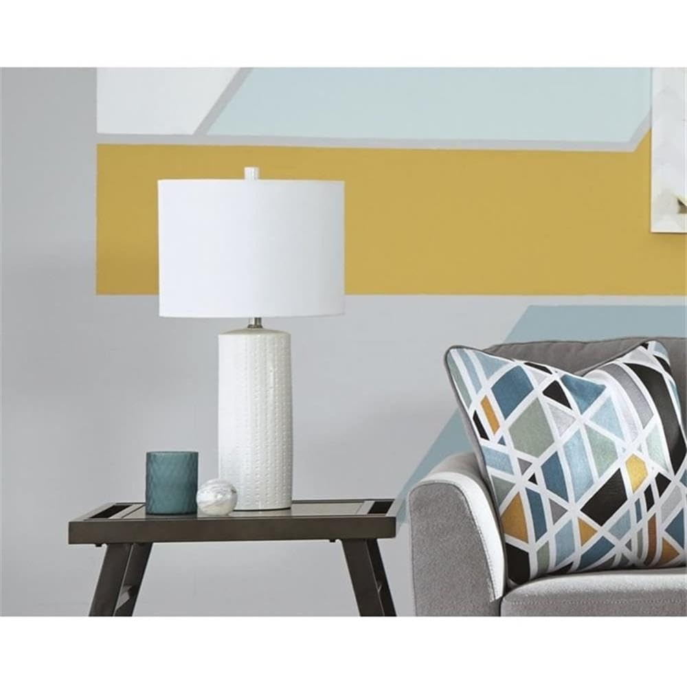 BOWERY HILL Modern Ceramic Table Lamp Set of 2 - White Drum Shade Textured Finish for Living Room, Bedroom & Office Lighting Decor