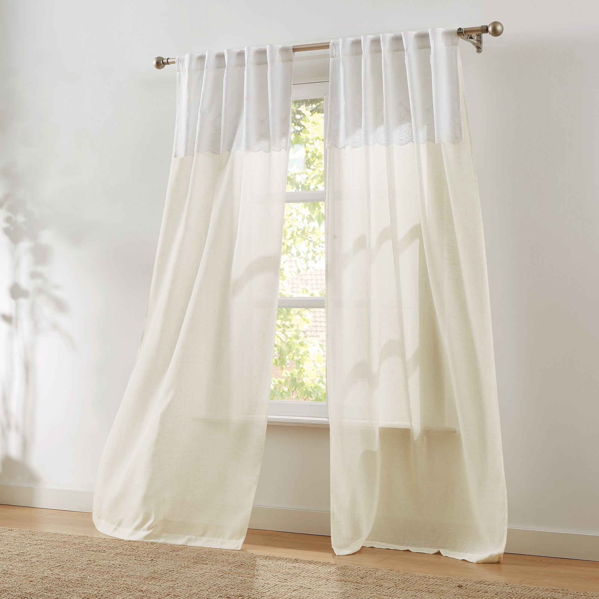 Brigitte Embroidery Eyelet Scalloped Edge Window Curtain Panels - Elegant Sheer Drapes for Living Room & Bedroom Decor