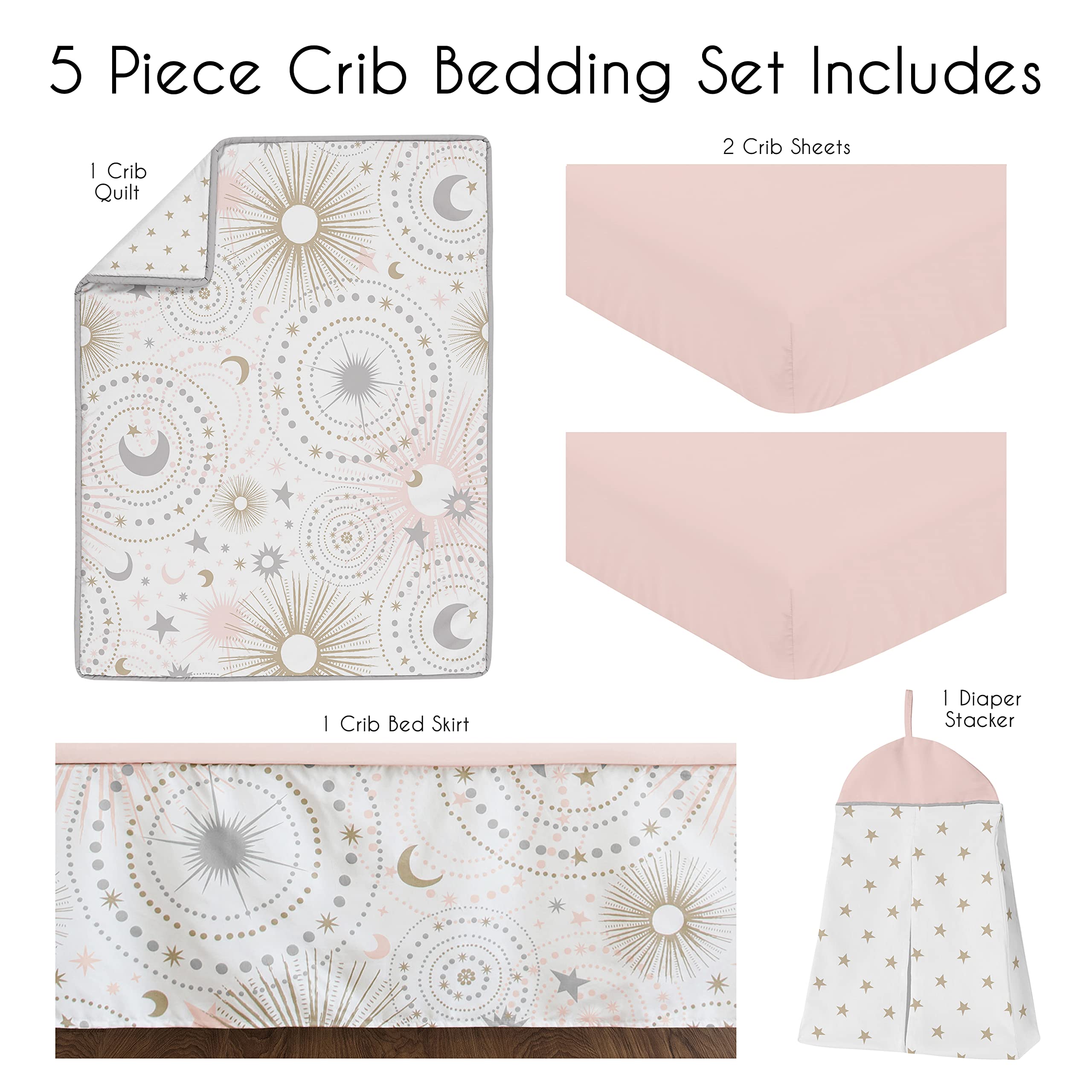 Sweet Jojo Designs Blush Pink & Gold Star Moon Baby Crib Bedding Set - 5 Piece Nursery Set with Quilt, Fitted Sheet, Skirt & Diaper Stacker - Celestial Sky Stars Theme - Perfect for Girls' Nursery Room Decor & Baby Shower Gifts