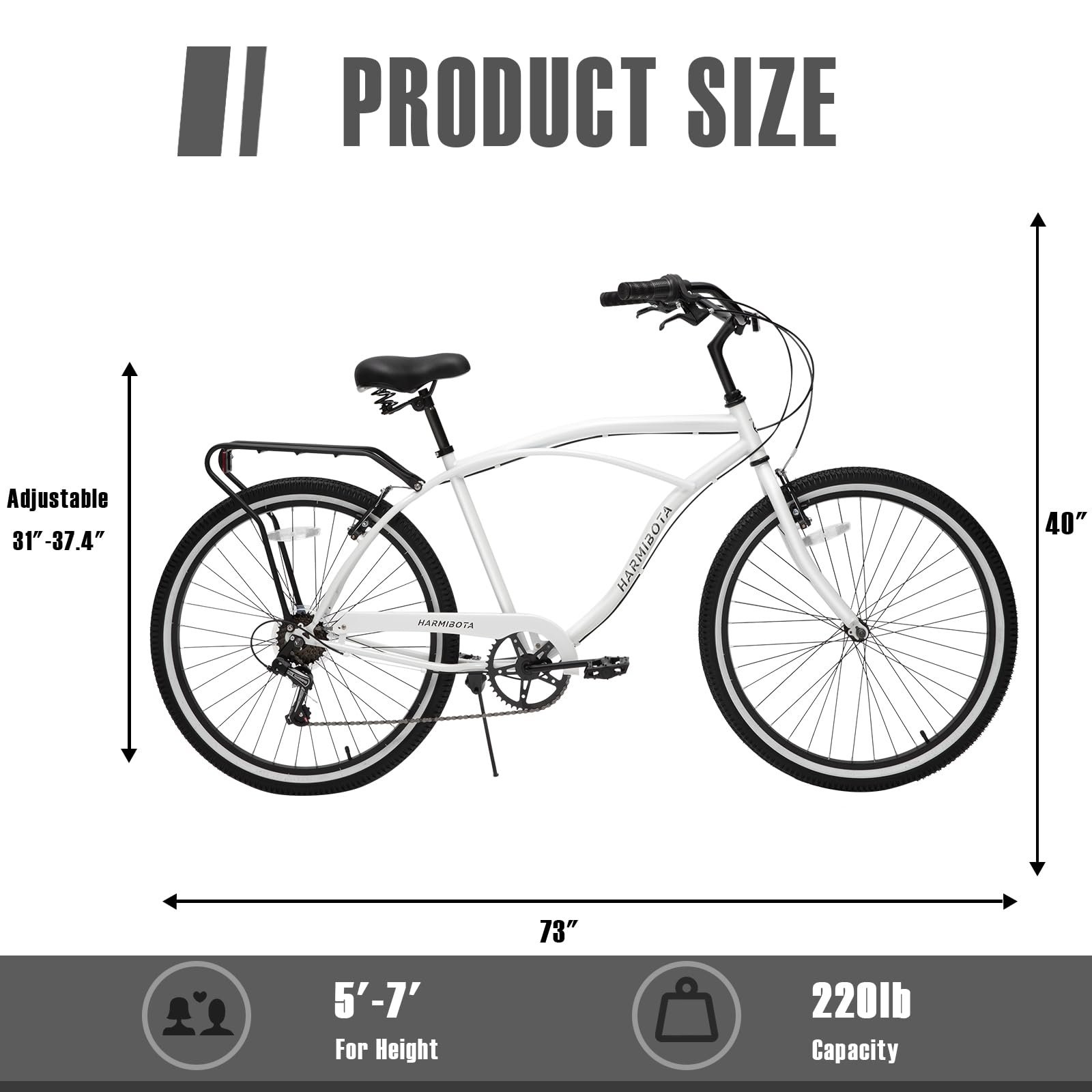26 Inch 7-Speed Adult Beach Cruiser Bike for Men - Hybrid Bicycle with Stable Ride for Riders 5' to 7' - Perfect for Coastal Rides, City Commuting & Leisure Cycling (Black)