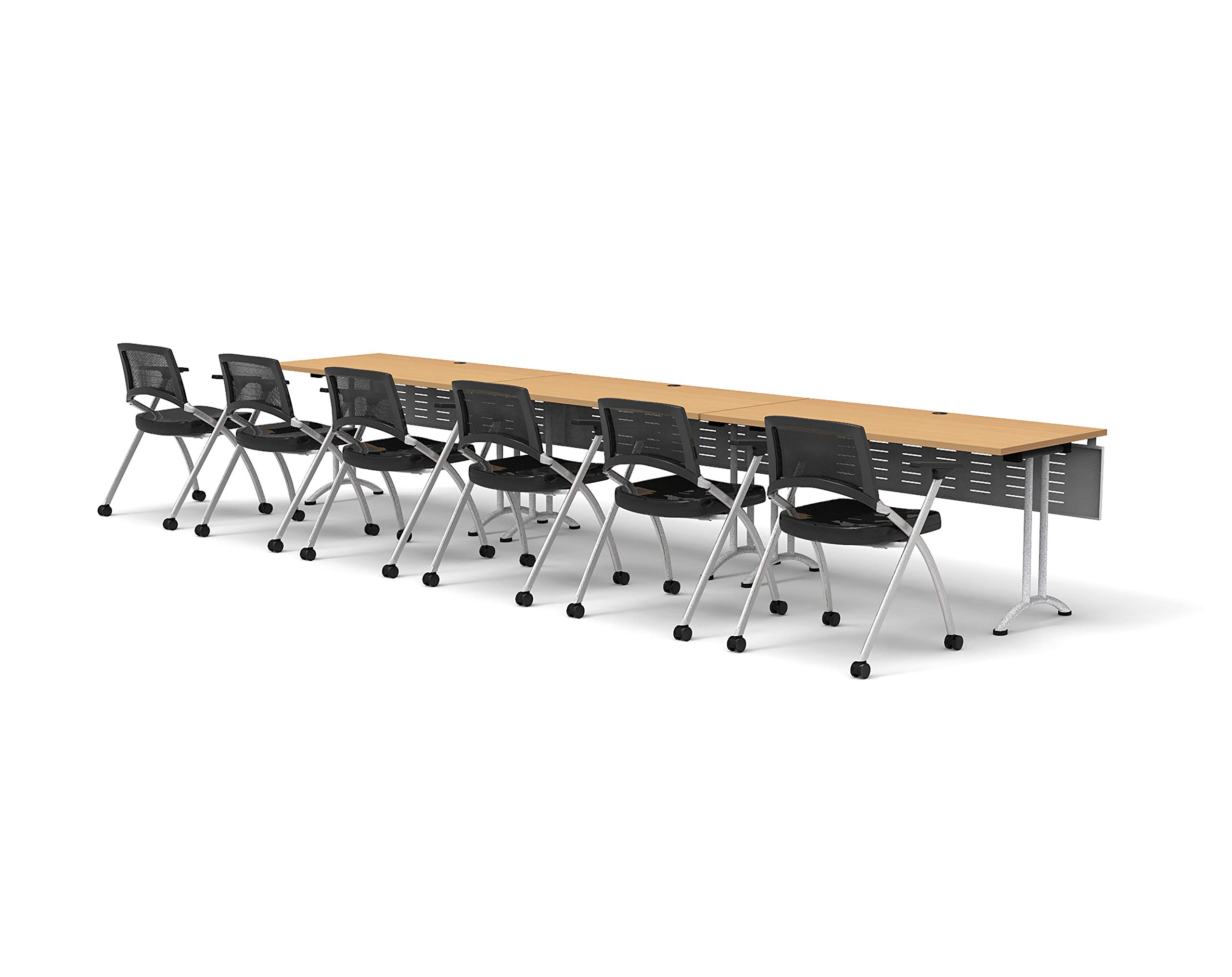 6-Person Folding Conference Table Set with 12 Task Chairs & Modesty Panels - Beechwood Classroom Furniture for Training, Meetings & Seminars - Connectable Tables with Space-Saving Fold & Nest Design - Perfect for Office, School & Event Spaces
