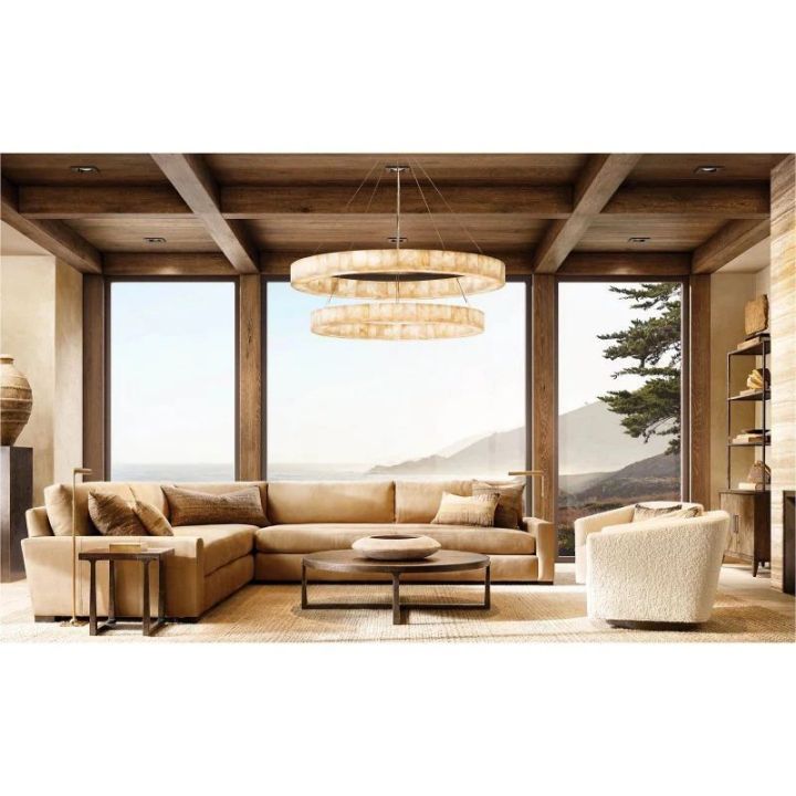 2-Tier Round Calcite Crystal Chandelier - 60 Inch Modern Ceiling Light Fixture for Dining Room, Living Room & Bedroom