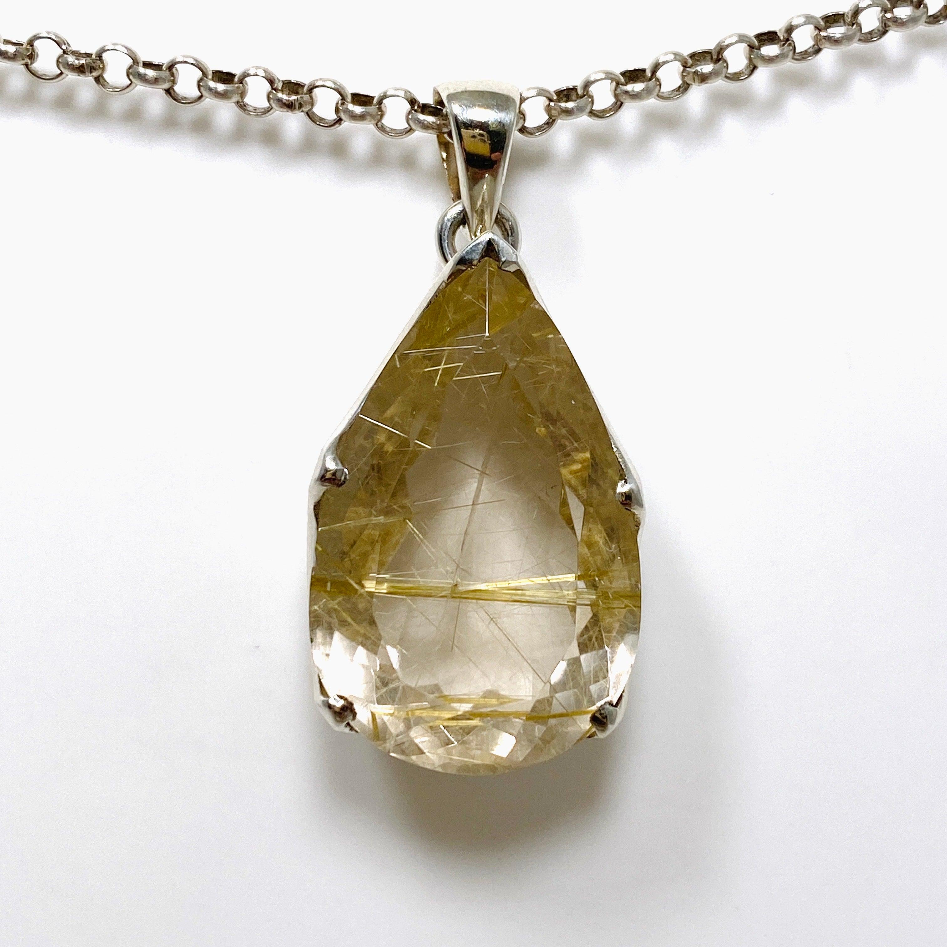 Natural Rutilated Quartz Faceted Teardrop Pendant Necklace - Elegant Golden Needle Inclusions - Perfect for Spiritual Healing, Meditation & Boho Jewelry Collection