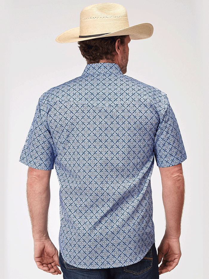 Roper Men's Blue Skies Tie Print Short Sleeve Shirt - Casual Button Down Shirt for Men, Comfortable Summer Office Wear & Outdoor Activities