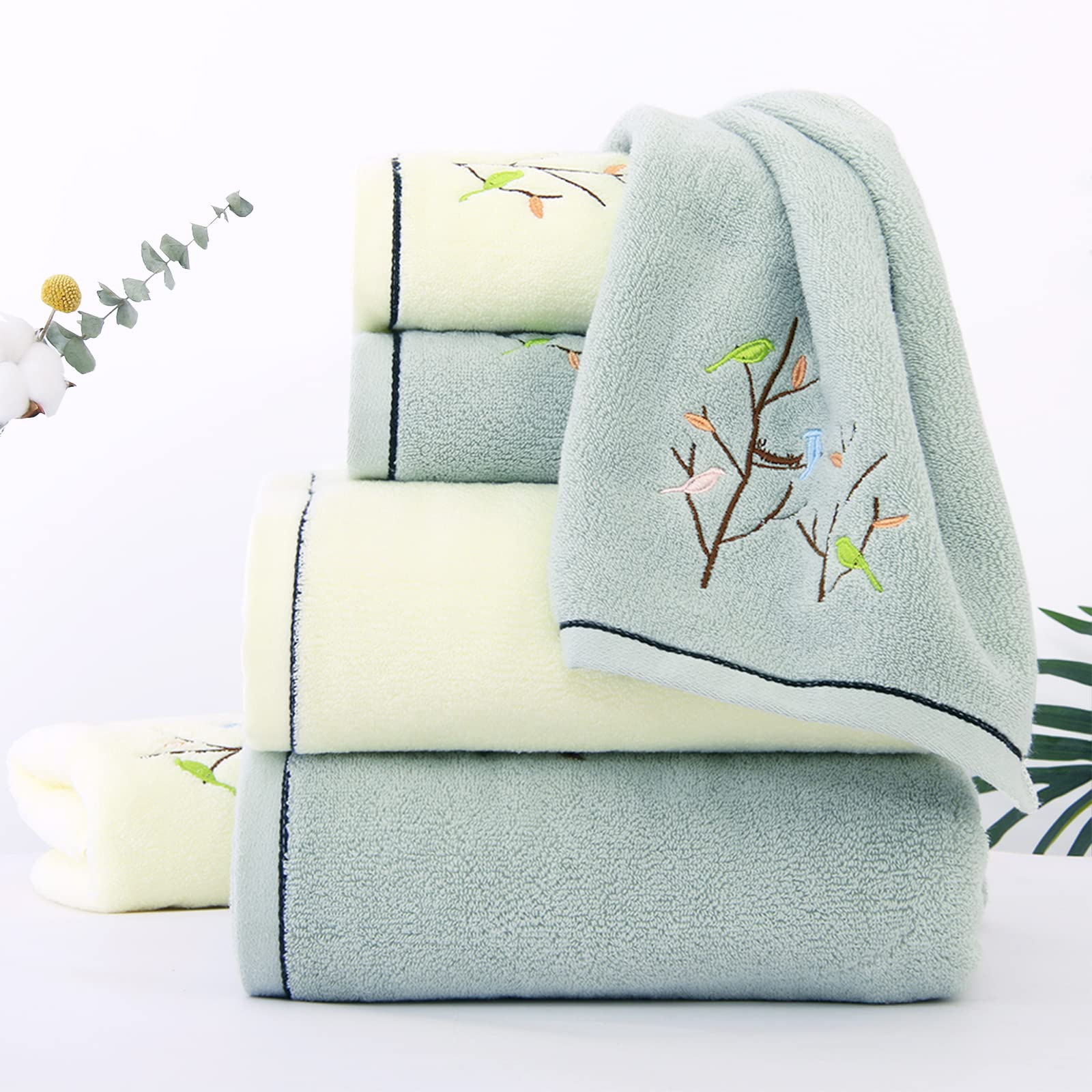 Pidada 4-Pack Embroidered Bird Tree Hand Towels - 100% Cotton, Super Absorbent & Soft Bathroom Towels (Aqua Green) | Perfect for Guest Bathrooms, Powder Rooms & Coastal Decor