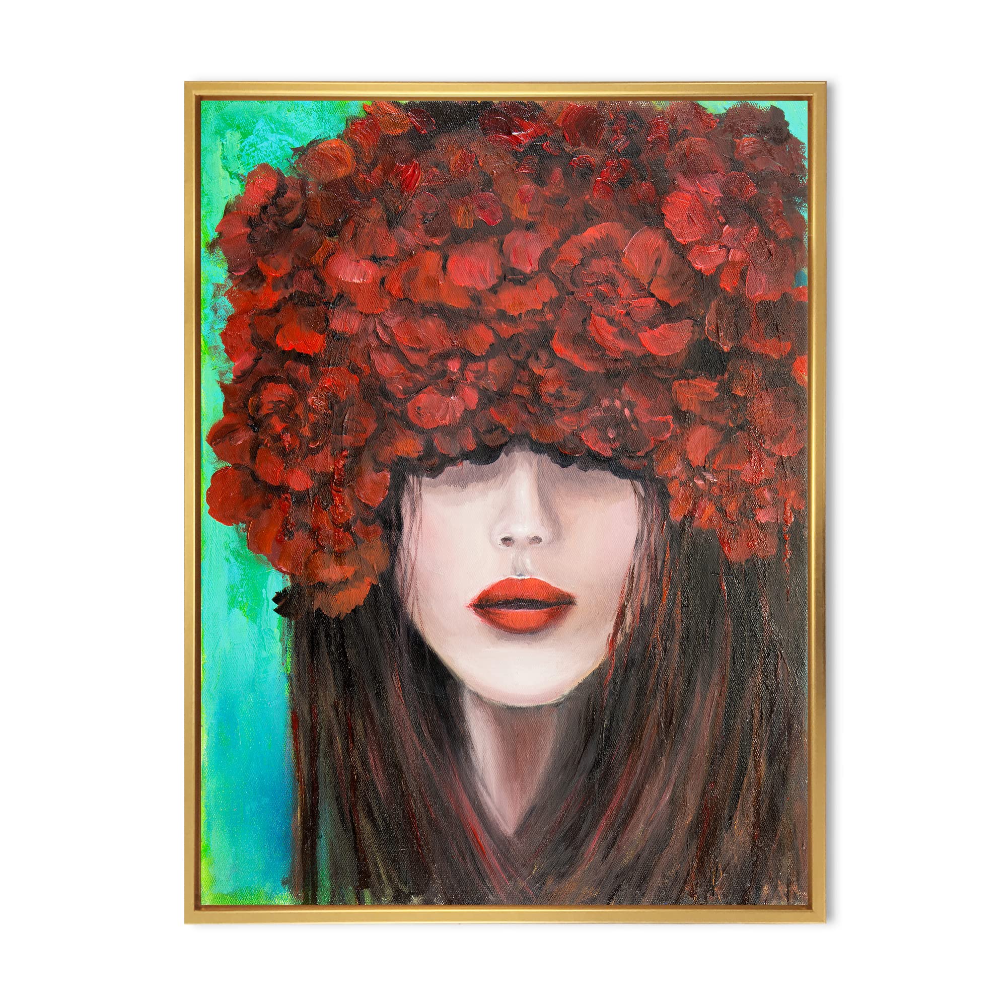 DesignQ Modern Framed Canvas Wall Art - Portrait of Young Woman with Red Flowers, Home Decor for Living Room, Bedroom & Office