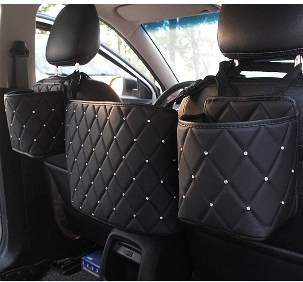 3-Pack Rhinestone Bling Car Handbag Holder & Backseat Organizer - PU Leather Storage Net Pocket Between Seats, Auto Seat Storage Bag with Trash Can - Perfect for Road Trips, Shopping & Daily Commute (Black)