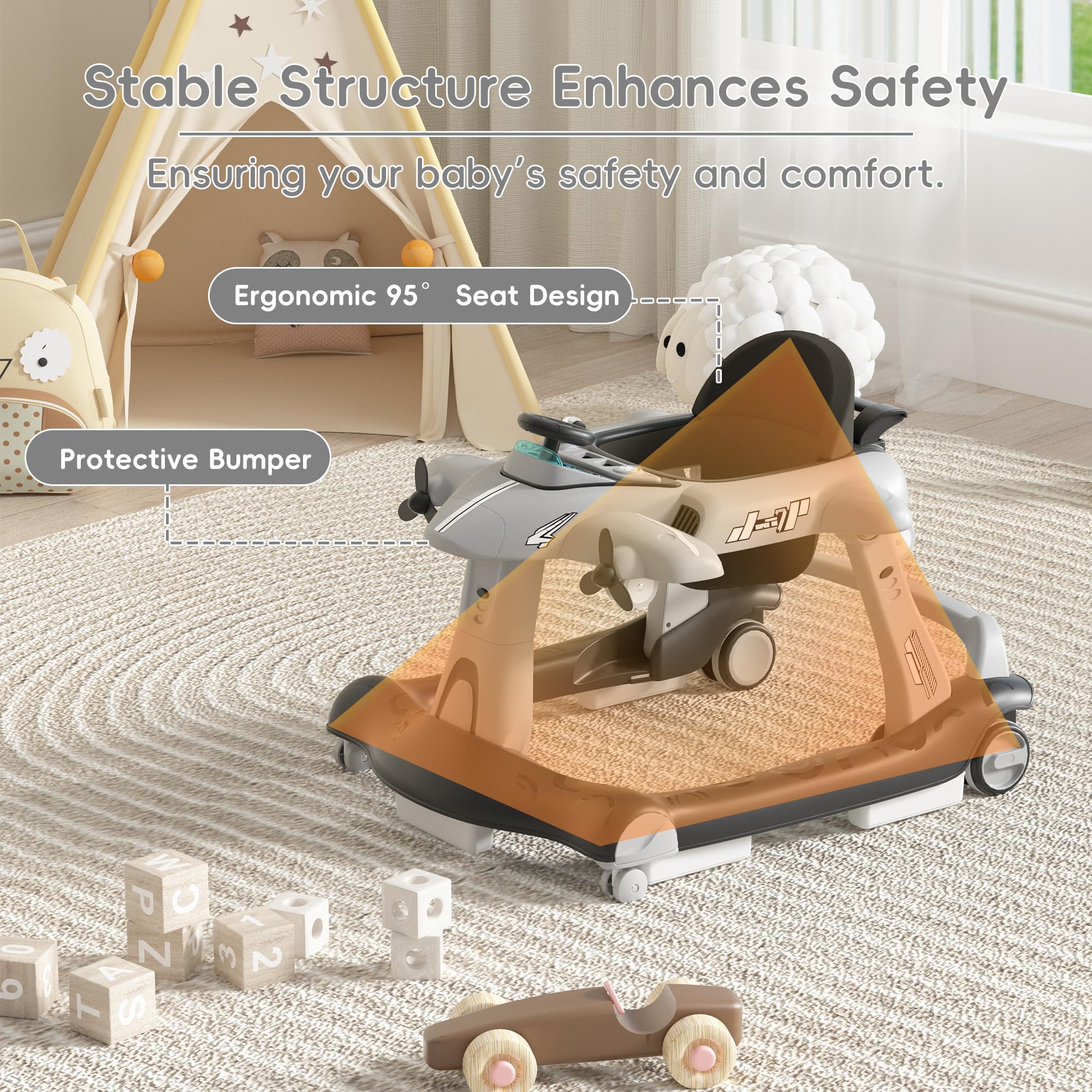 6-in-1 Foldable Baby Walker with Adjustable Height & Speed - Airplane-Themed Activity Push Walker with Music, Lights & Wheels - Anti-Slip Design for Boys & Girls 6-18 Months - Perfect for Learning to Walk, Indoor Play & Developmental Activities