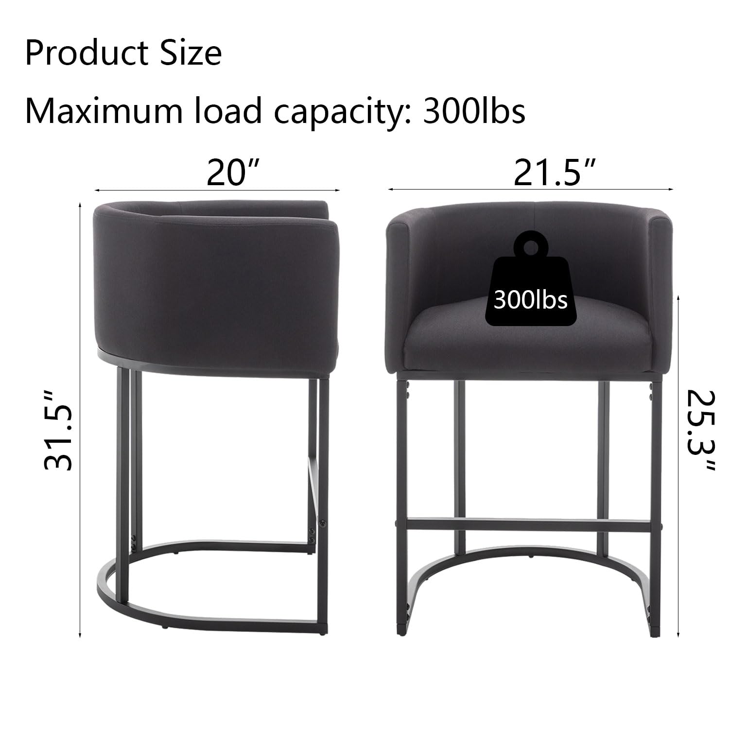 Modern Black Metal Frame Counter Height Bar Stools Set of 2 - Upholstered Barrel Bar Stools with Back for Kitchen Island, Pub, Club - Perfect for Entertaining, Dining & Home Decor (Black)