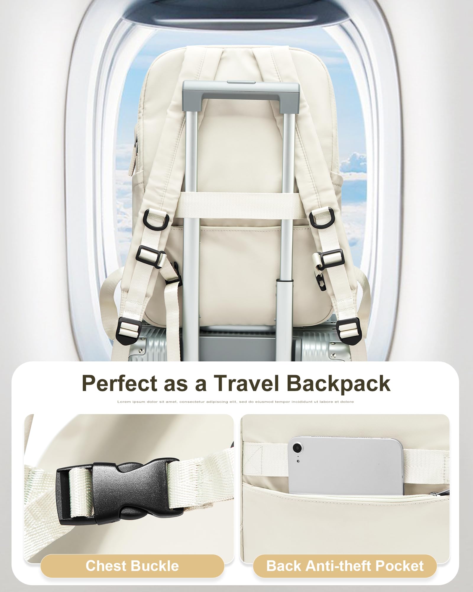Stylish Lightweight Laptop Backpack for Women & Men - Water-Resistant 15.6 Inch Computer Backpack for Travel, Work, Gym & College - Perfect Airplane Carry-On Daypack for Professionals & Students (Beige)