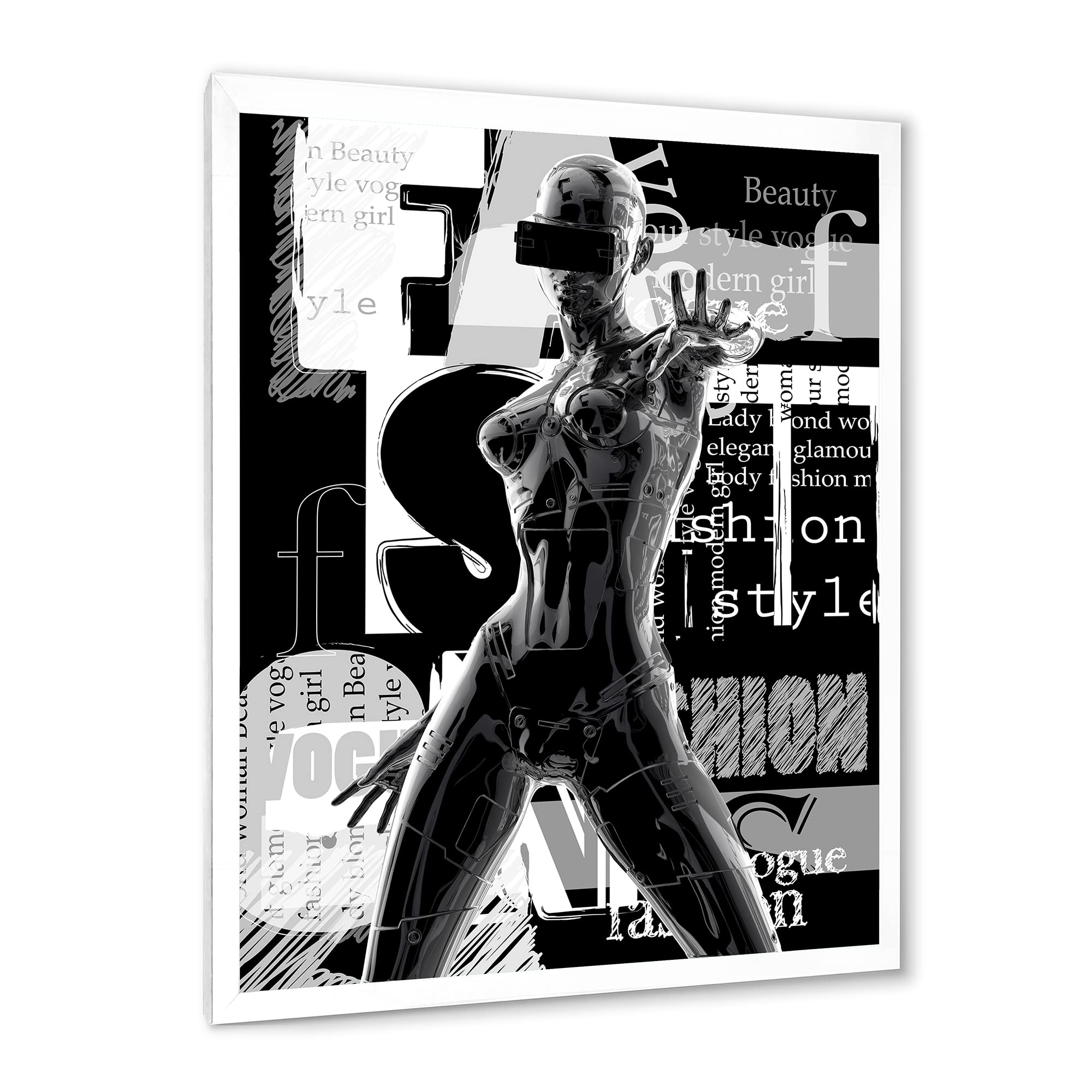DesignQ Monochrome Cyborg Body II Modern Framed Wall Art Print - Futuristic Home & Office Decor for Living Room, Bedroom, or Studio