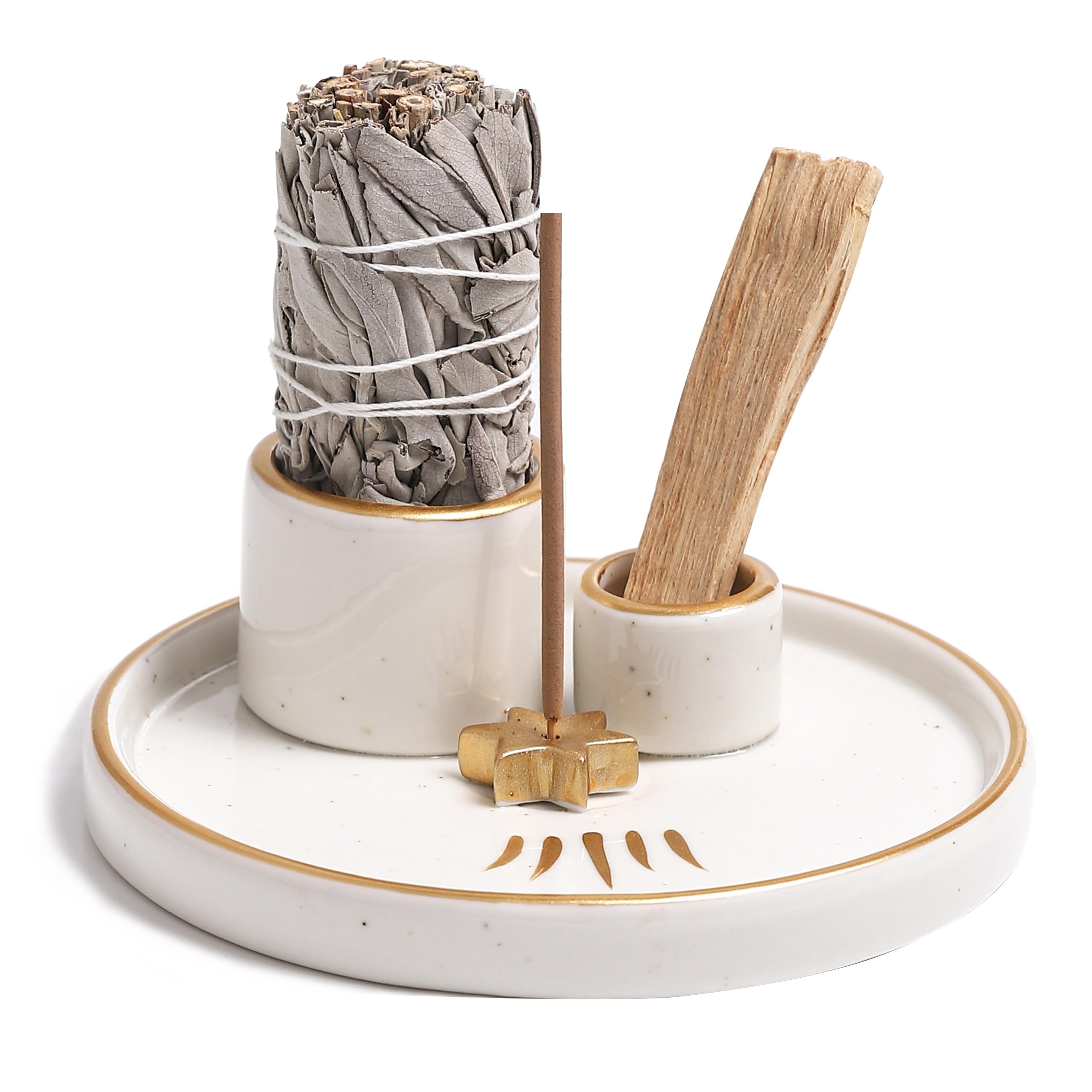 Ceramic Incense Burner & Candle Holder - 4-in-1 Ash Catcher Tray for Sticks, Sage, Palo Santo - Perfect for Meditation, Yoga, Smudging & Home Decor (Gold-White)