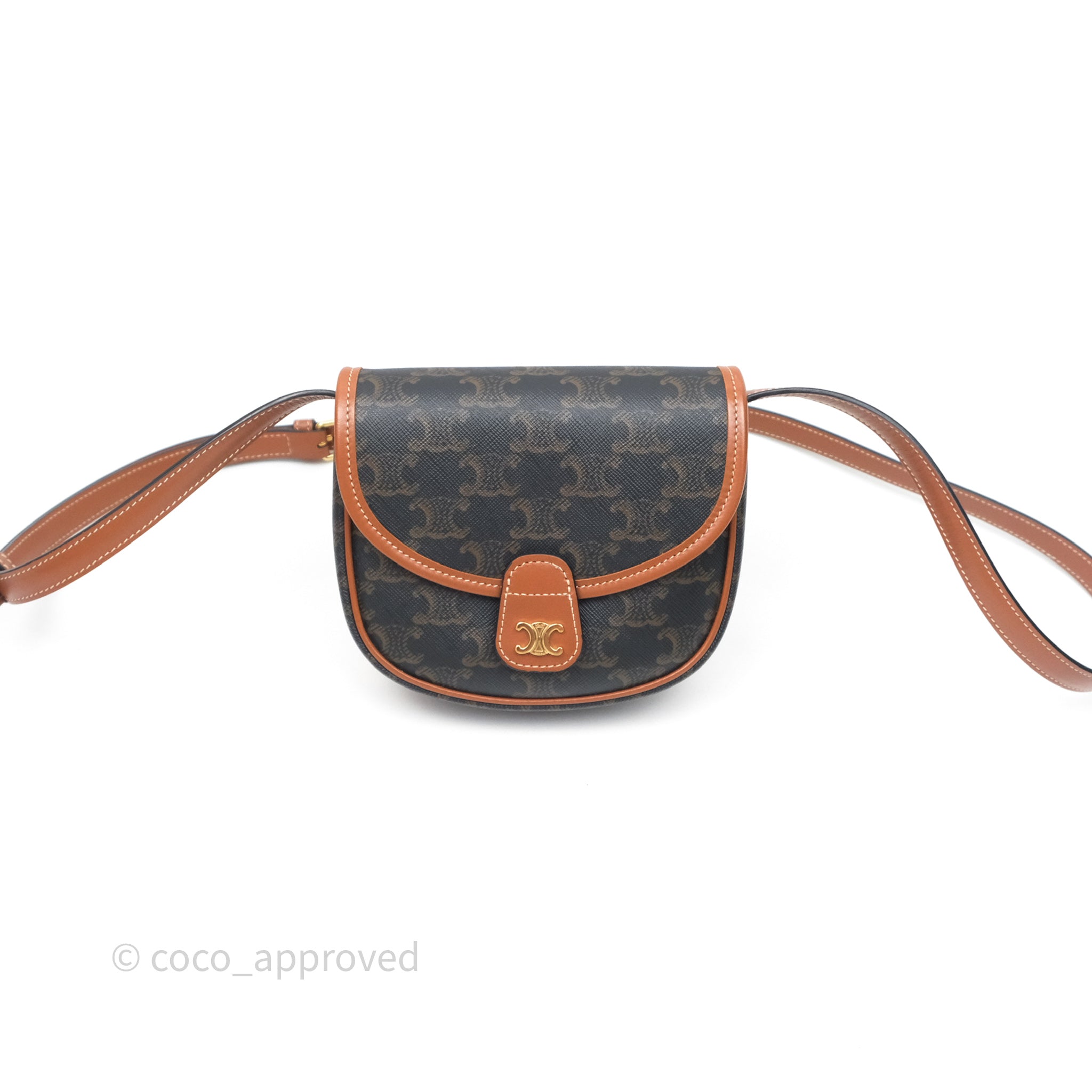 Celine Mini Besace Triomphe Crossbody Bag in Canvas & Calfskin Leather - Tan Color for Women | Perfect for Everyday Use, Work & Travel