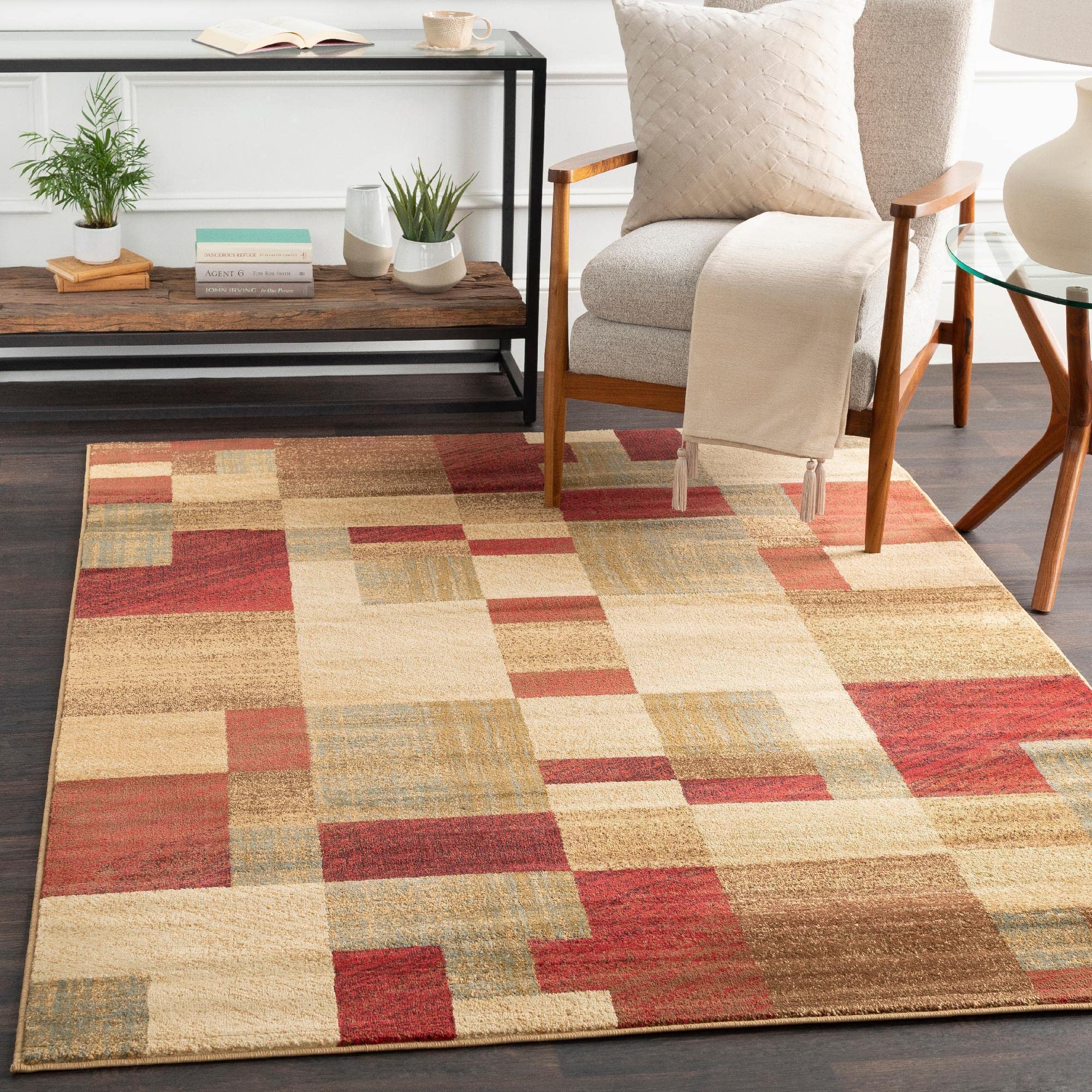 Mark&Day 8ft Round Redcliff Modern Dark Red Area Rug - Soft Red Beige Carpet for Living Room, Bedroom, Kitchen | Non-Slip Floor Mat for Home Decor, Dining Area & Office (7'10