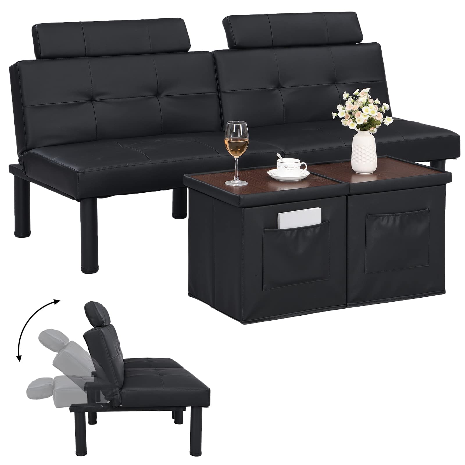 Convertible Futon Sofa Bed with Storage Ottoman & Coffee Table - 3-Position Adjustable Loveseat Sleeper for Small Spaces, Apartments, Dorms - Perfect for Guest Beds, Studio Living & Compact Bedrooms (Metal Legs)