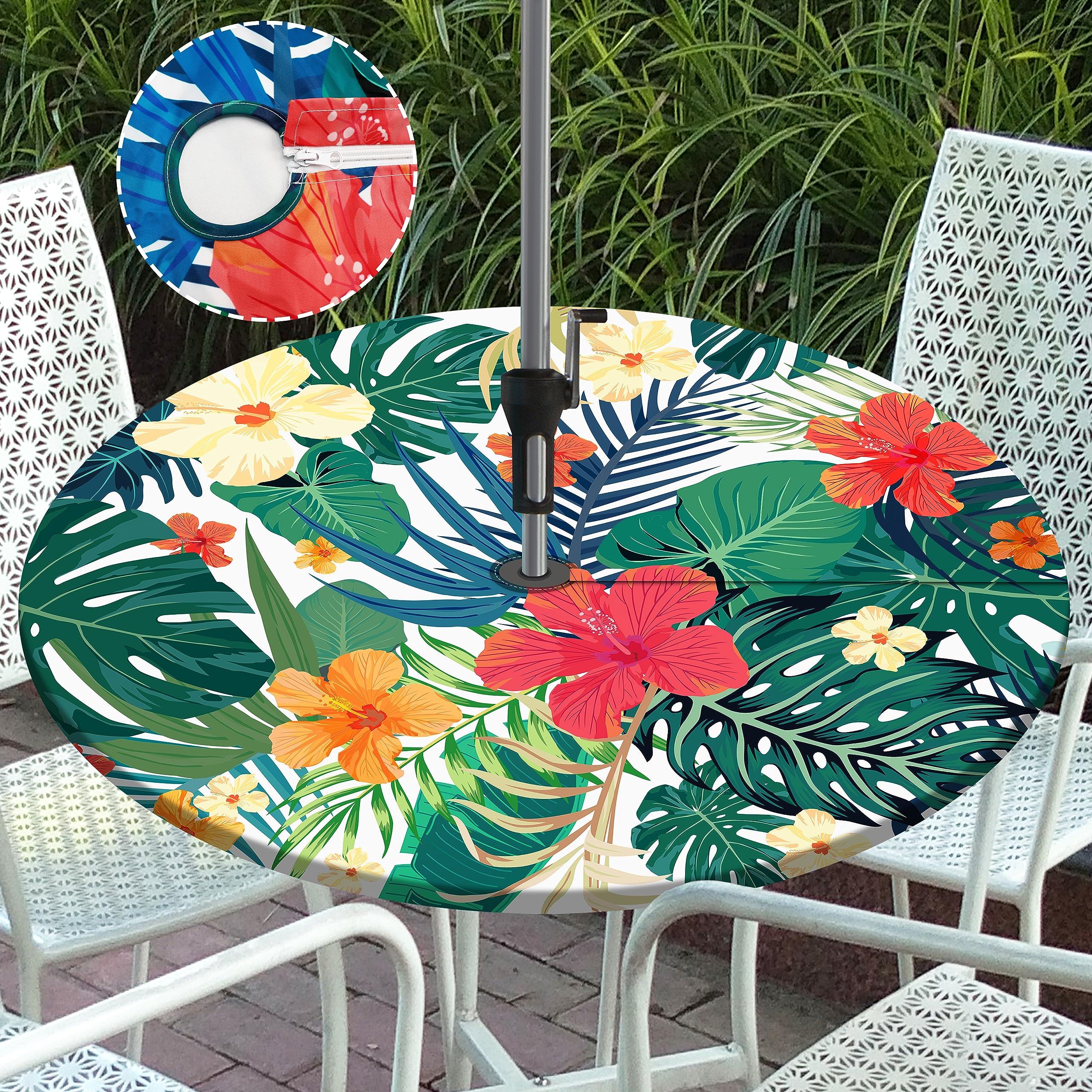 Waterproof Round Outdoor Tablecloth with Umbrella Hole - Elastic Zipper Fitted Table Cover for 36-44 Inch Patio Tables - Perfect for Picnic, BBQ, Garden Party & Backyard Dining