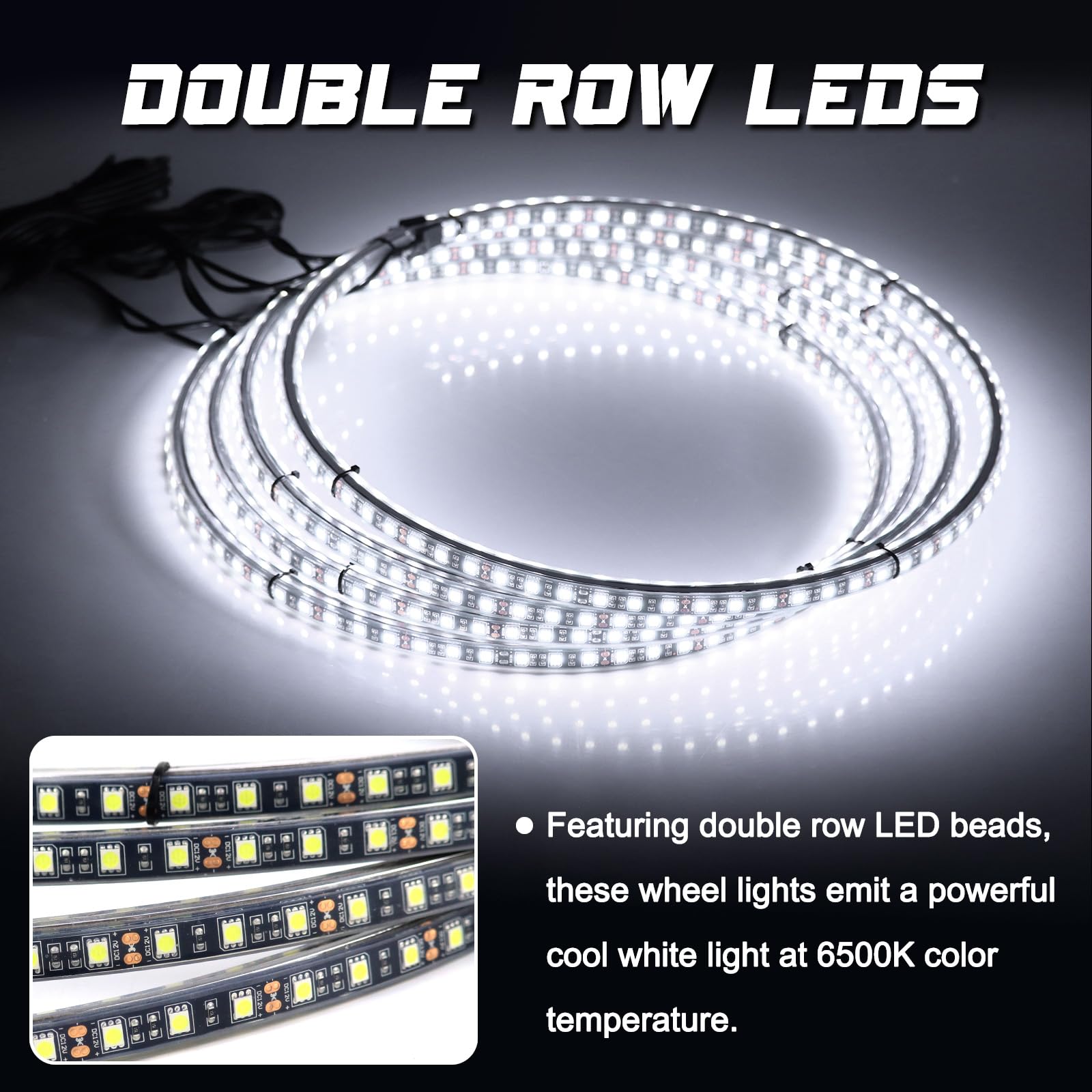 15.5 Inch Cool White LED Wheel Lights for Cars - 6500K Pure White, IP68 Waterproof, Rocker Switch Control, Double Row LED Beads (4 Pcs) - Perfect for Night Driving, Car Shows & Customization