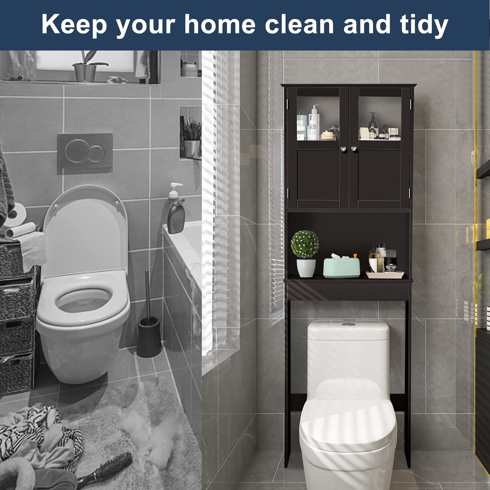 Bonnlo Over The Toilet Storage Cabinet - Freestanding Bathroom Organizer with Double Door Glass Window & Adjustable Shelves - Space Saving Towel Shelf for Toilet Paper, Cosmetics & Bath Essentials (Brown) - Perfect for Small Bathrooms, Apartments & Powder Rooms