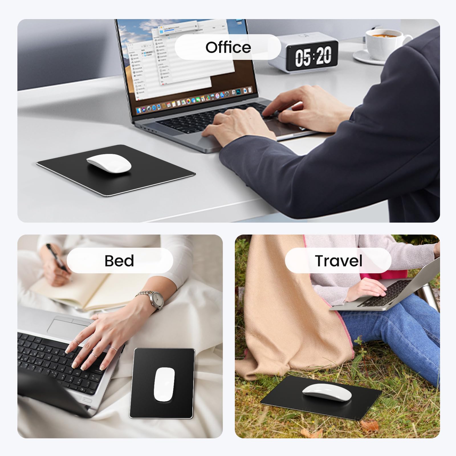 Premium HONKID Aluminum Hard Metal Mouse Pad - Non-Slip Rubber Base for MacBook Pro/Air & Magic Mouse - Durable Office & Gaming Surface for Home, Travel & Workspace (Black)