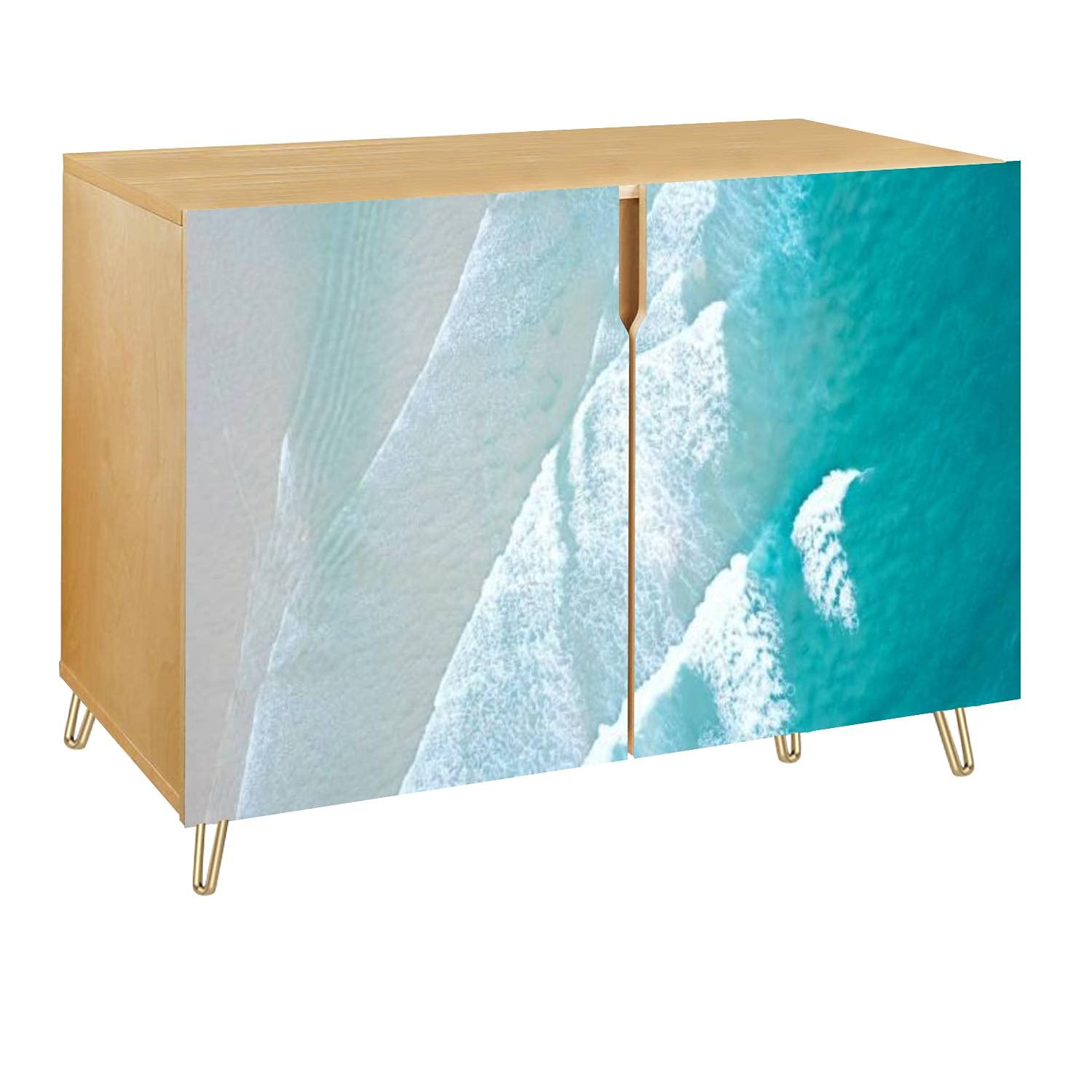 Turquoise Blue Ocean Water White Wash Crashing on Shoreline Sand Beach Wooden Door Accent Cabinet - 2 Door Storage Table, Bar Cabinet, TV Stand for Entryway, Kitchen, Living Room & Hallway - Perfect for Coastal Decor, Home Organization & Entertainment Spaces