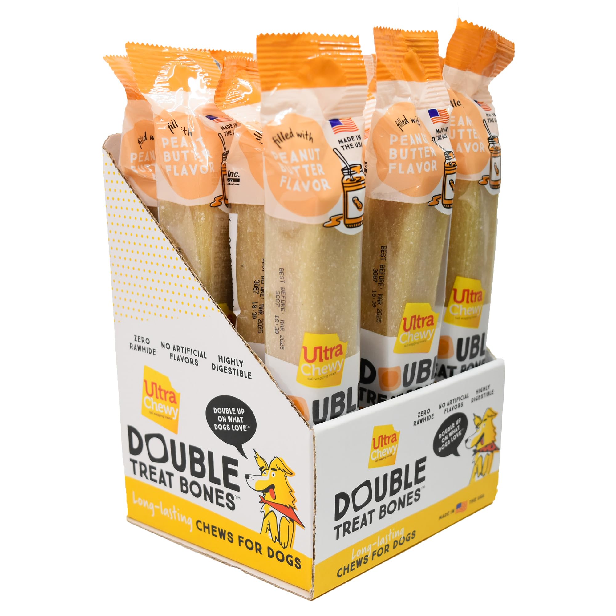 Ultra Chewy Peanut Butter Double Treat Dog Bones - Long-Lasting USA Made Treats for All Breeds, Highly Digestible for Aggressive Chewers (12 Count) - Perfect for Training Rewards & Dental Health