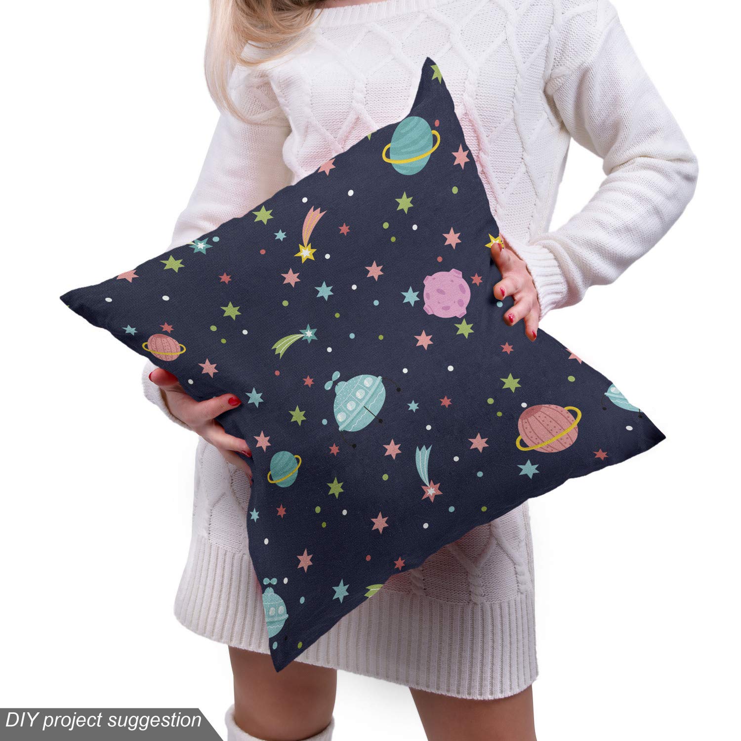 Ambesonne Space Fabric by The Yard - Alien Planets, Shooting Stars & Polka Dots Galaxy Print - Decorative Upholstery Fabric for Sofa, Curtains & Home Decor - 10 Yards Navy Pink - Perfect for DIY Projects, Space-Themed Rooms & Cosmic Decorations