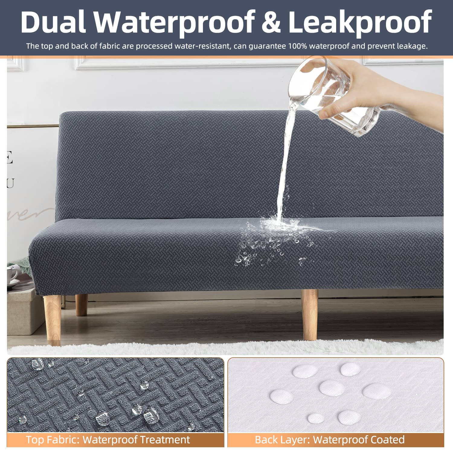 100% Waterproof Futon Covers - Leakproof Armless Sofa Covers with Stretch Jacquard Fabric | Washable Sofa Bed Slipcover for Kids, Pets, Dogs & Cats | Perfect for Living Room, Bedroom & Pet-Friendly Homes