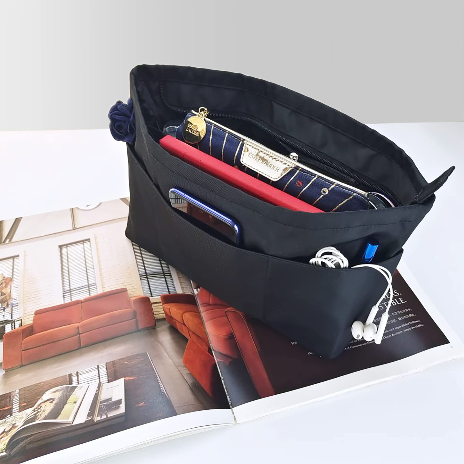 Time Wing Purse Organizer Insert - Tote Handbag Organizer with Multi Pockets & Zippers - Medium Black Bag Shaper Liner for Keys, Wallet & Essentials - Perfect for Work, Travel & Daily Organization