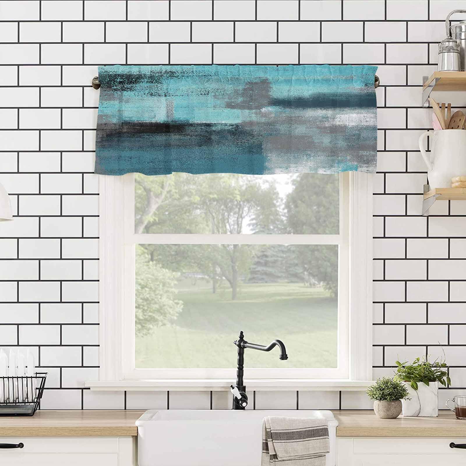 Abstract Graffiti Valance - Turquoise & Grey Art Window Treatment for Farmhouse & Bedroom Decor