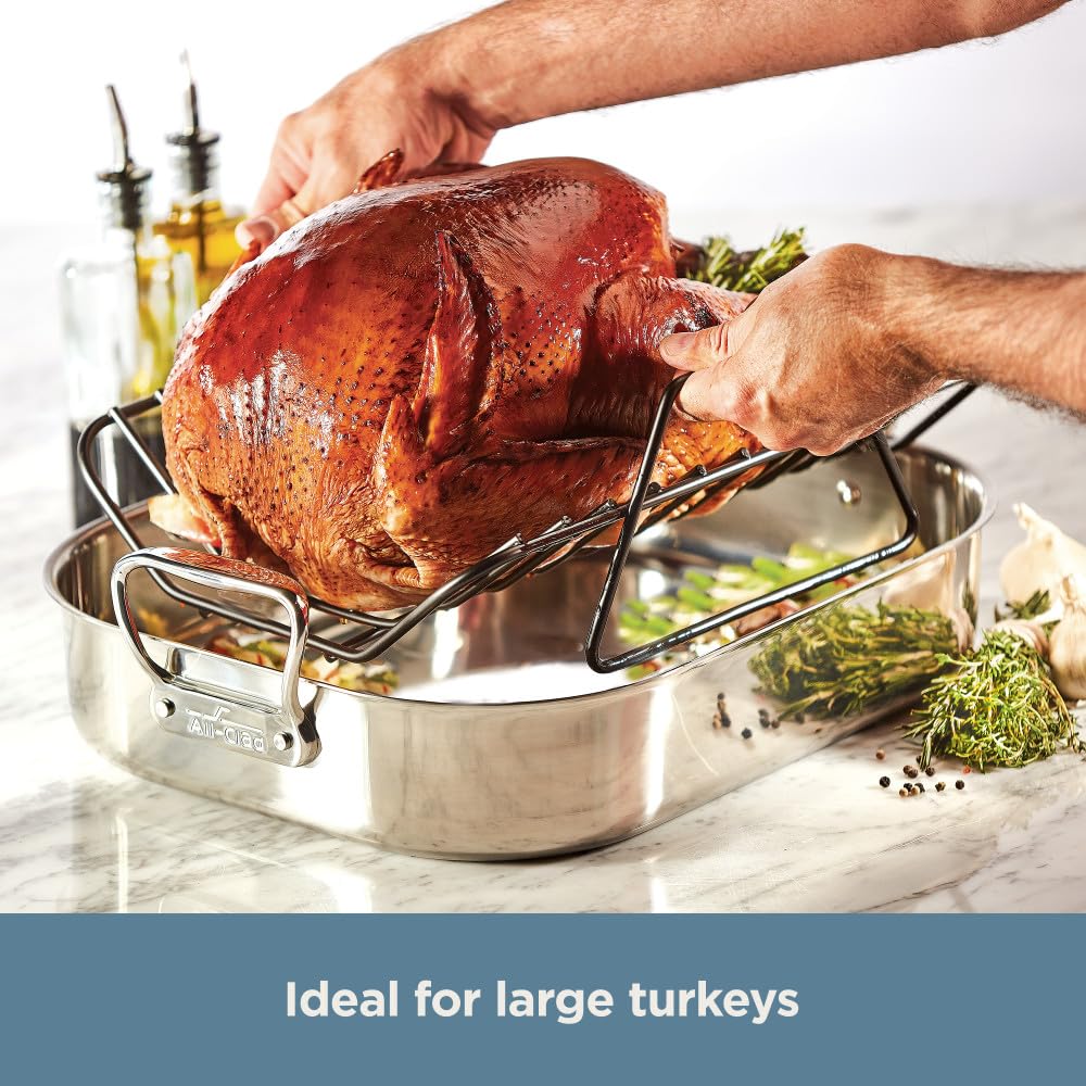 All-Clad Stainless Steel Roaster Pan with Nonstick Rack - 16x13x5 Inch Oven & Broiler Safe Up to 600°F - Perfect for Turkey, Roasts & Baking - Ideal for Holiday Dinners & Family Gatherings