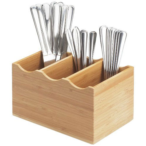 Cal Mil 1244 Bamboo Flatware Display Holder - 3 Compartment Bamboo Utensil Organizer for Restaurants, Kitchens & Buffets - Perfect for Silverware Storage & Table Setting Organization