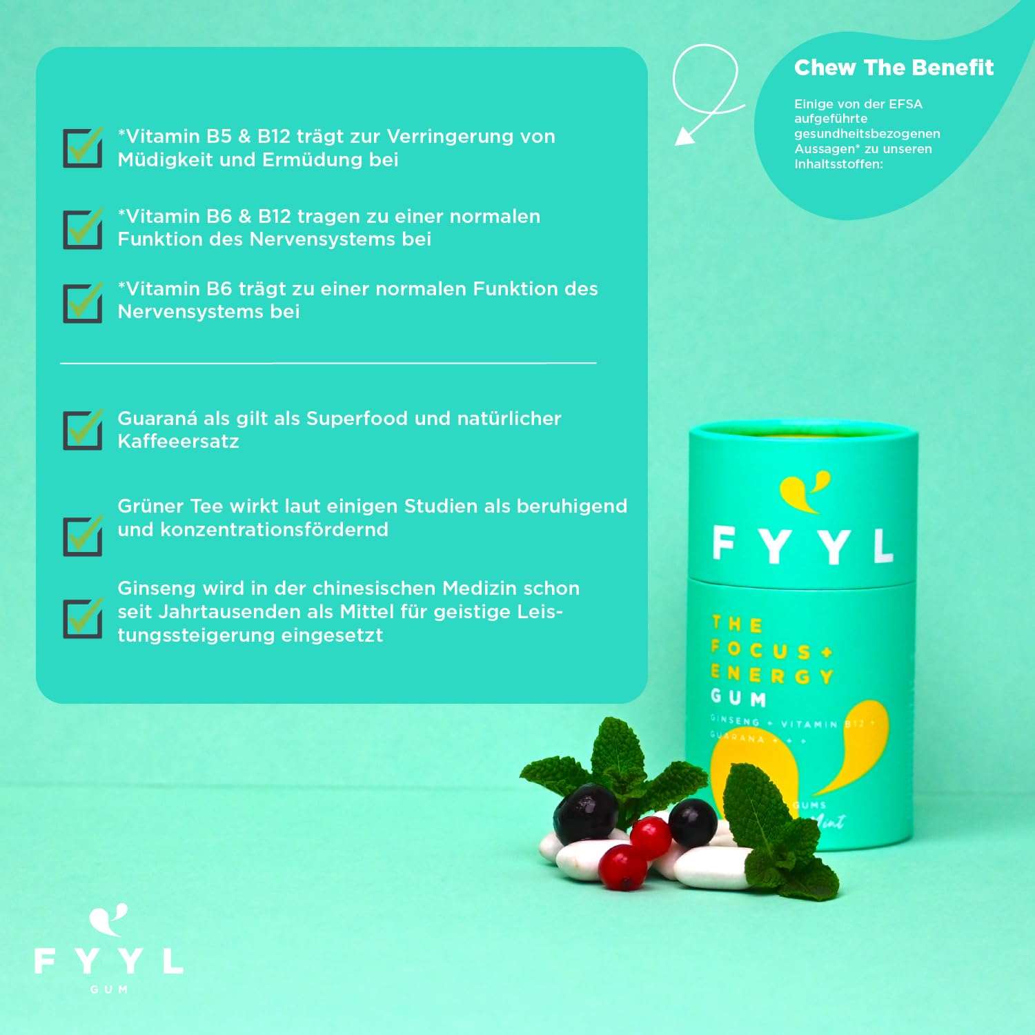 FYYL GUM Sugar-Free Energy & Focus Chewing Gum with Guarana, Ginseng & Vitamin B12 - Berry Mint Flavor - 50 Count Large Pack - Plastic-Free - Perfect for Studying, Workouts & Long Work Shifts
