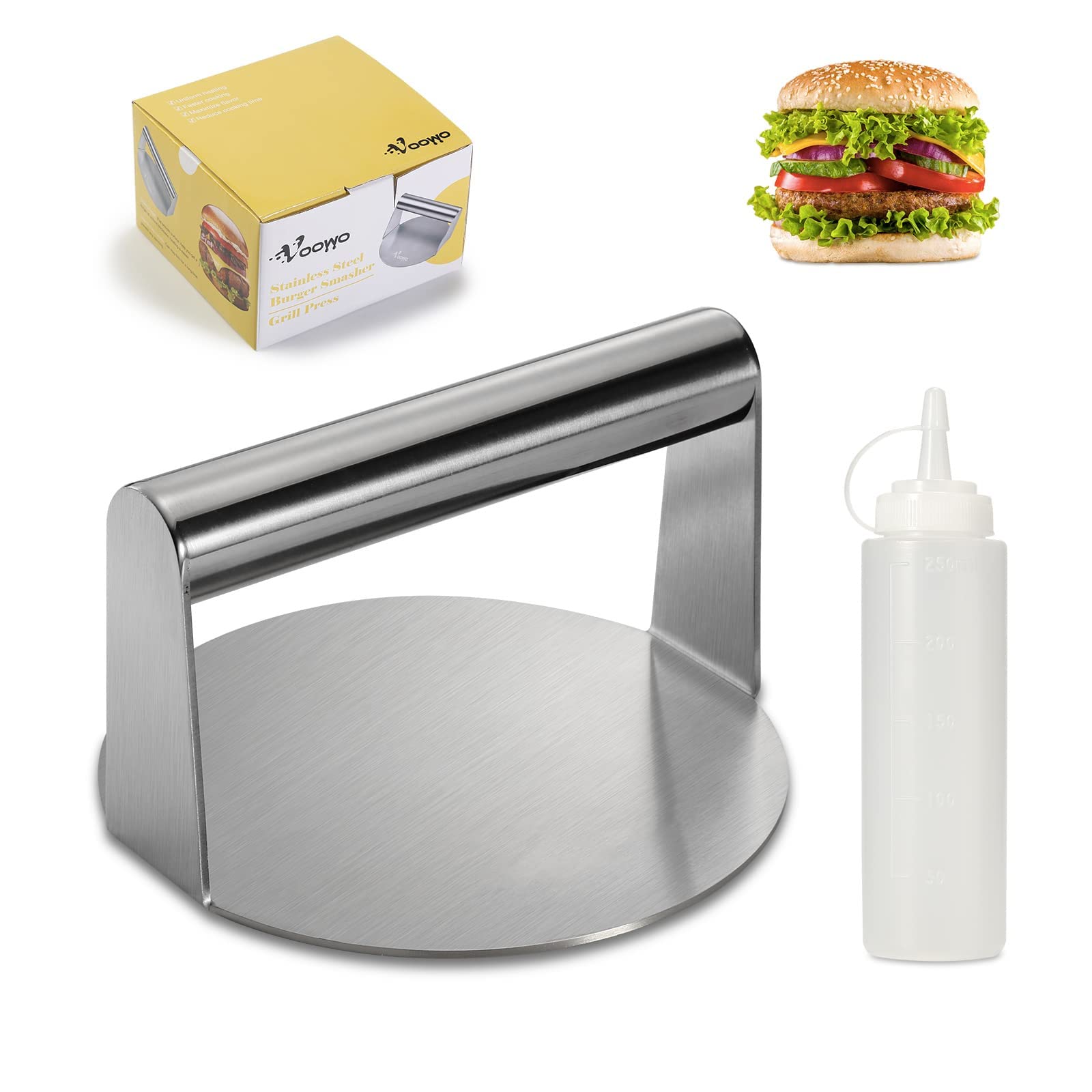 VOOWO Stainless Steel Smash Burger Press - Heavy Duty Hamburger Patty Maker with Squeeze Bottles, Perfect for Griddle, BBQ & Indoor Cooking - Ideal Grill Press Tool for Burgers, Sandwiches & Meat Preparation