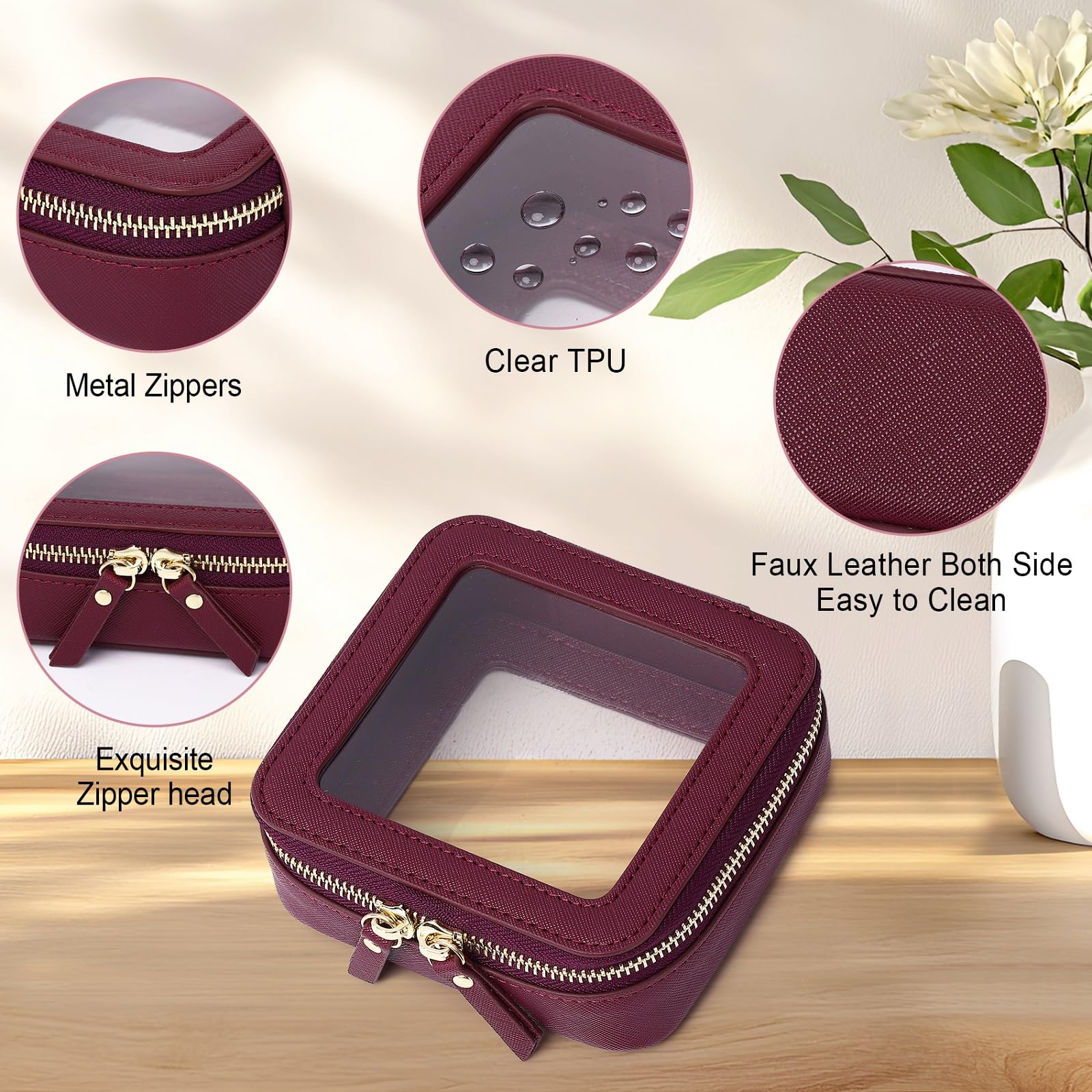 Waterproof Clear Makeup Bag Travel Organizer for Cosmetics & Toiletries - Women's Zippered Purse & Car Storage Case (X/Burgundy, M+MINI) - Perfect for Travel, Gym, Beach & Daily Organization
