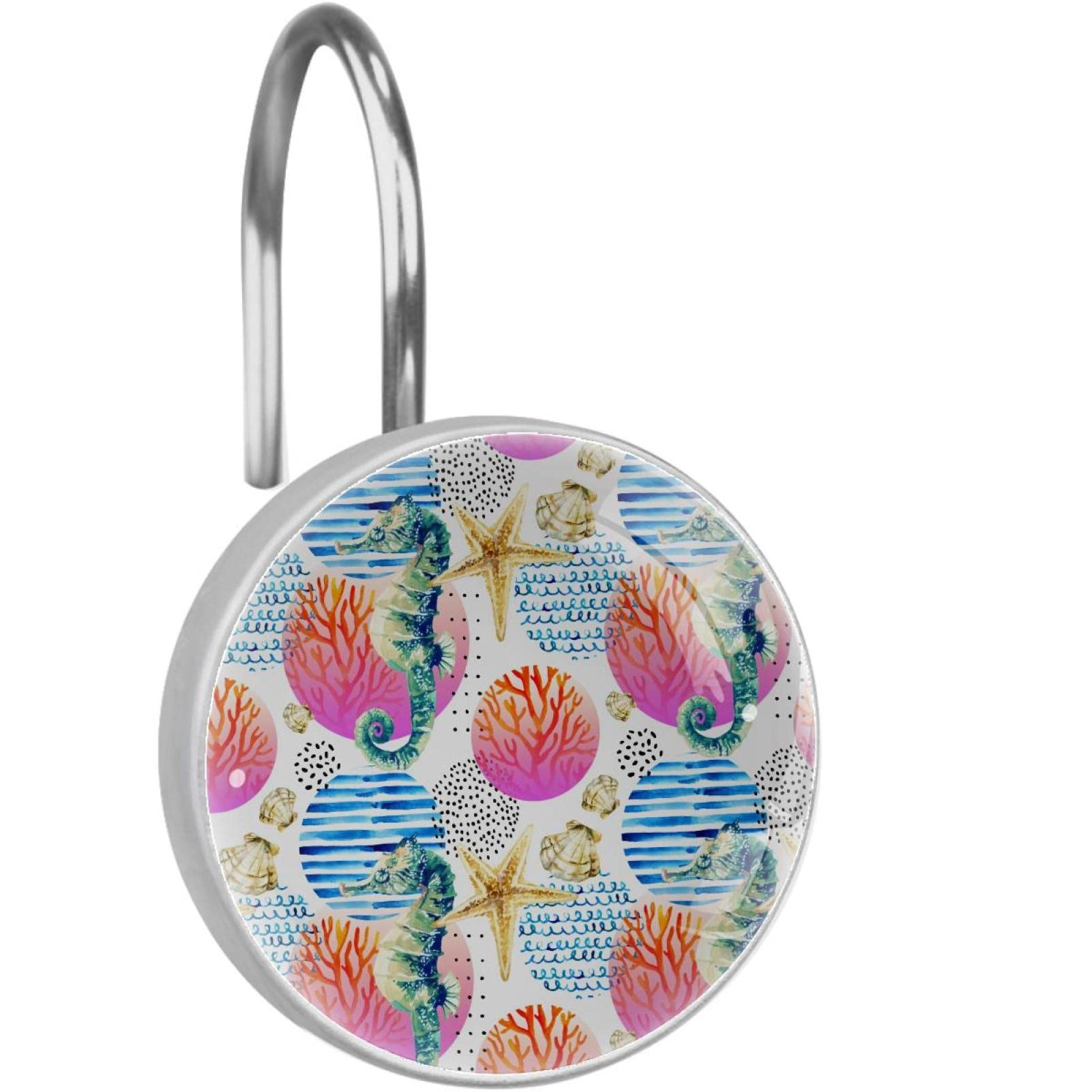 Decorative Shower Curtain Hooks with Seahorse Design - Rustproof Bathroom Accessories for Coastal, Nautical & Beach Theme Decor