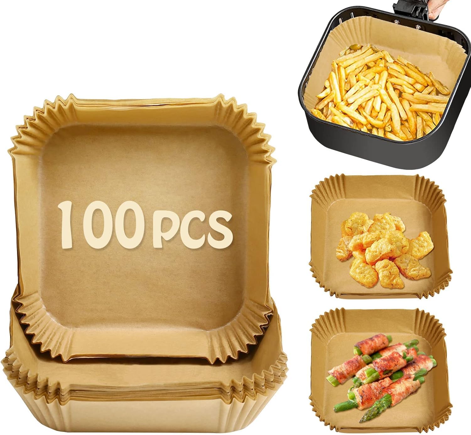 UENMOON 100pcs Square Air Fryer Liners - Non-Stick Silicone Coated Disposable Paper Sheets for Easy Cleanup | Perfect for Air Fryers, Ovens & Baking | Healthy Cooking & Hassle-Free Cleaning