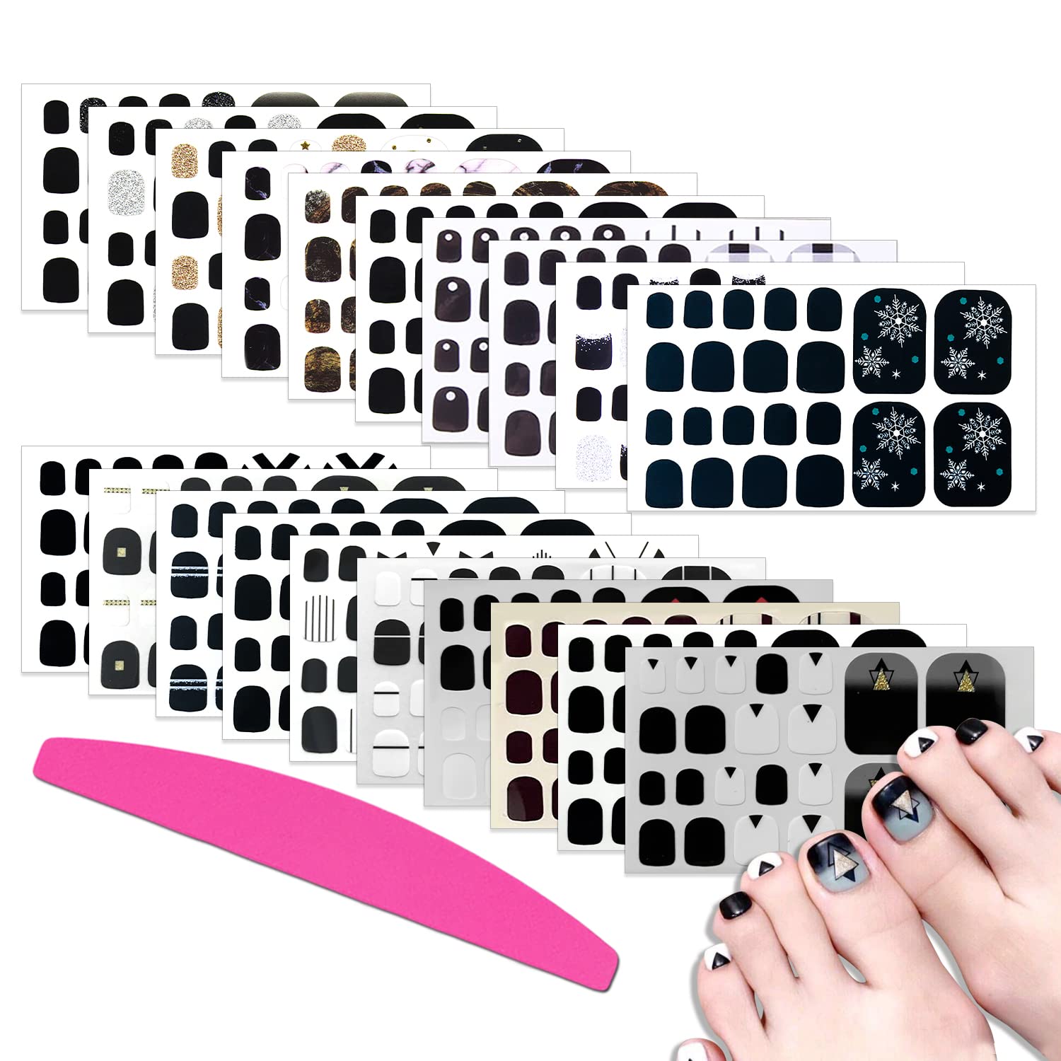 Black Self-Adhesive Gel Nail Polish Strips for Women – 20 Sheets Toe Nail Wraps with Nail File | Easy DIY Manicure & Pedicure for Parties, Weddings, and Daily Wear