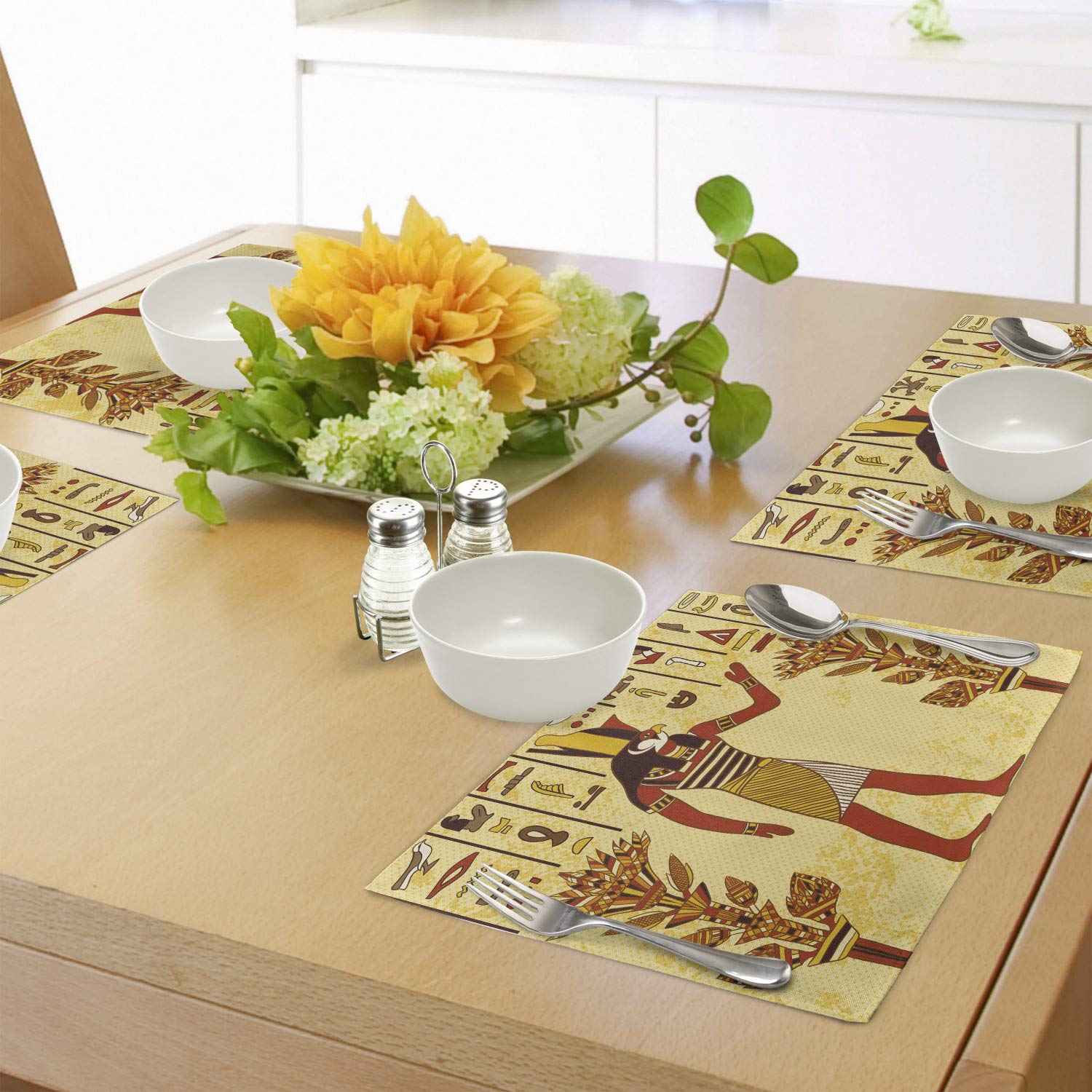 Ambesonne Ethnic Placemats Set of 4 - Egyptian Hieroglyph Retro Myth Papyrus Design Washable Fabric Table Mats for Dining Room & Kitchen Decor in Pale Yellow & Marigold Red | Perfect for Dinner Parties, Holiday Gatherings & Everyday Use
