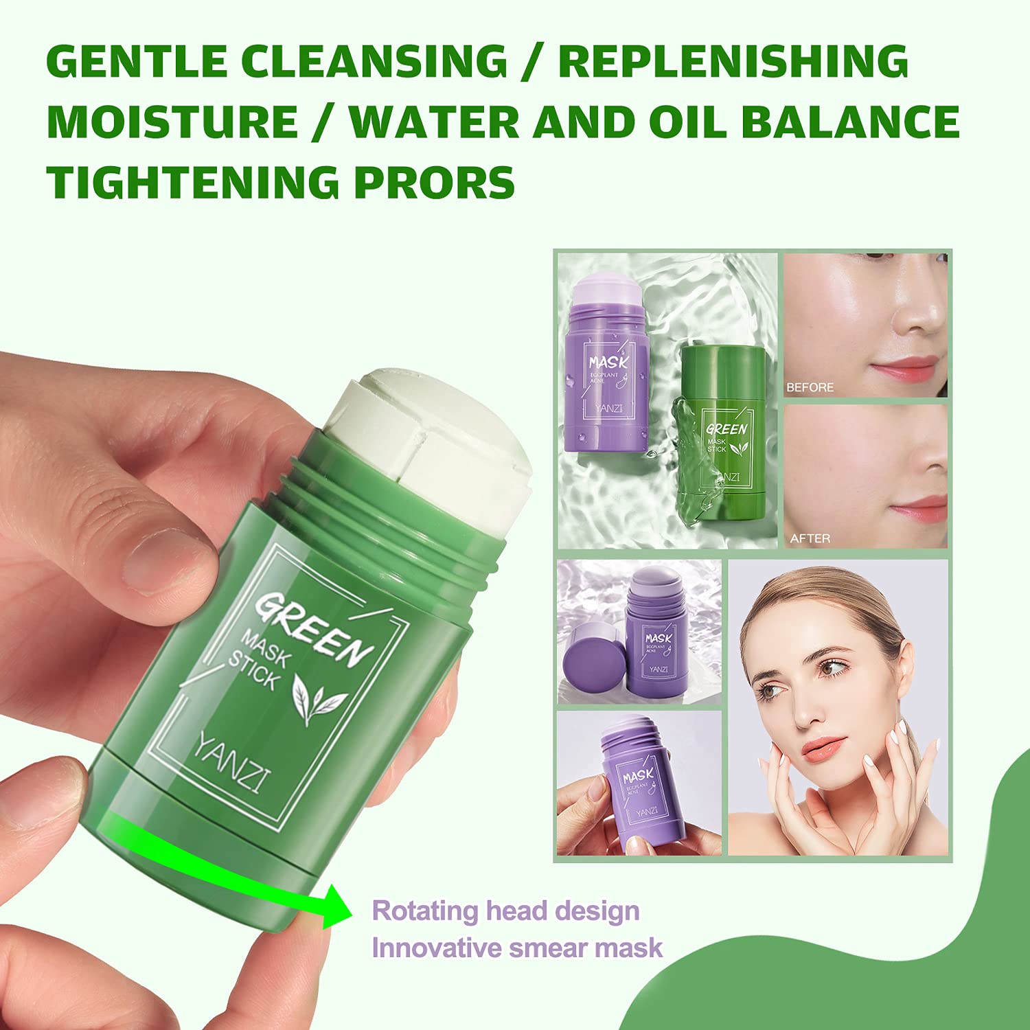 FORALES 2-in-1 Green Tea & Eggplant Extract Facial Mask Stick - Travel Friendly Deep Cleansing & Moisturizing Stick for Oily & Dry Skin - Oil Control & Skin Nourishment for Women & Men - Perfect for Travel, Gym & Daily Skincare Routine