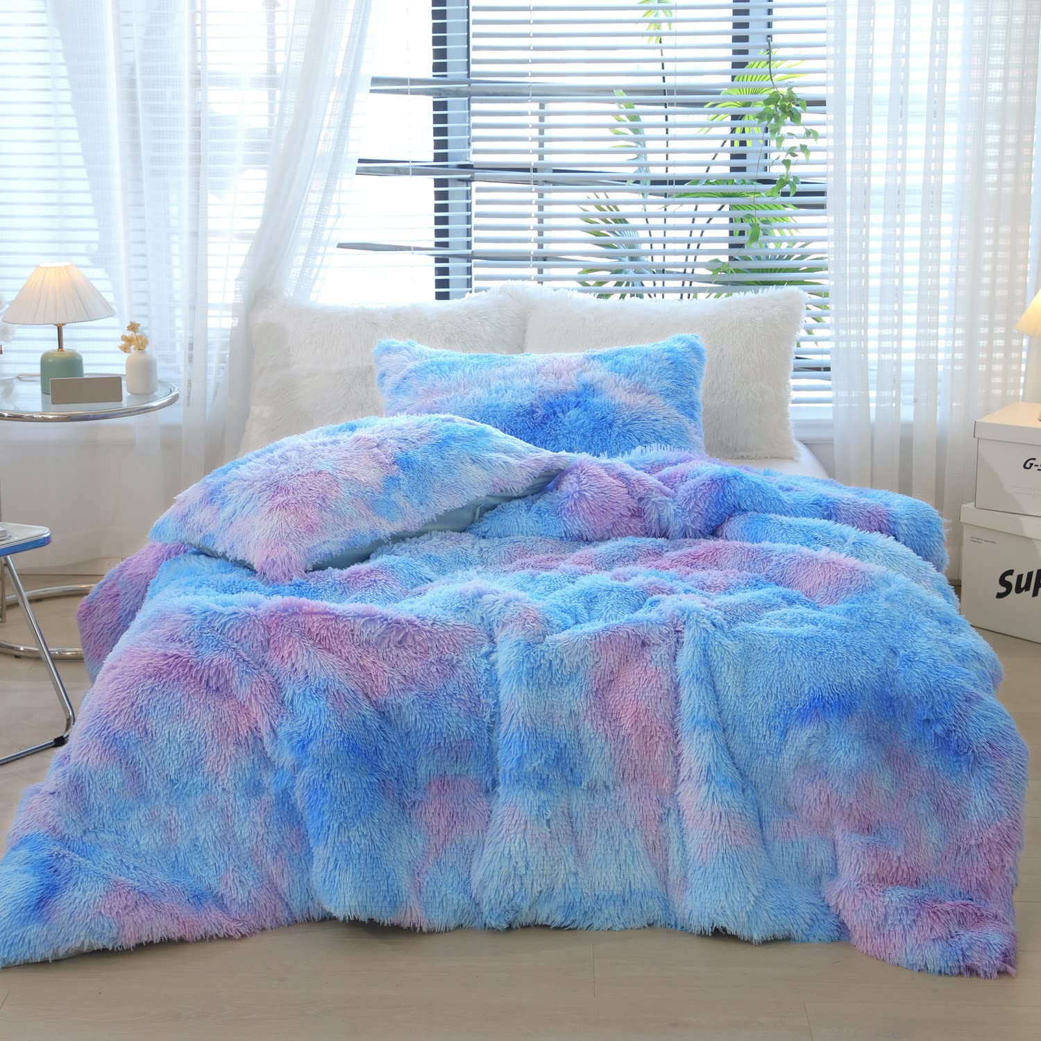 Luxury Plush Shaggy Duvet Cover Set - 2PC Crystal Velvet Bedding with Zipper Closure, Twin Size Galaxy Print Fluffy Comforter Cover for Cozy Bedroom Decor & Teen Girls Room Aesthetic