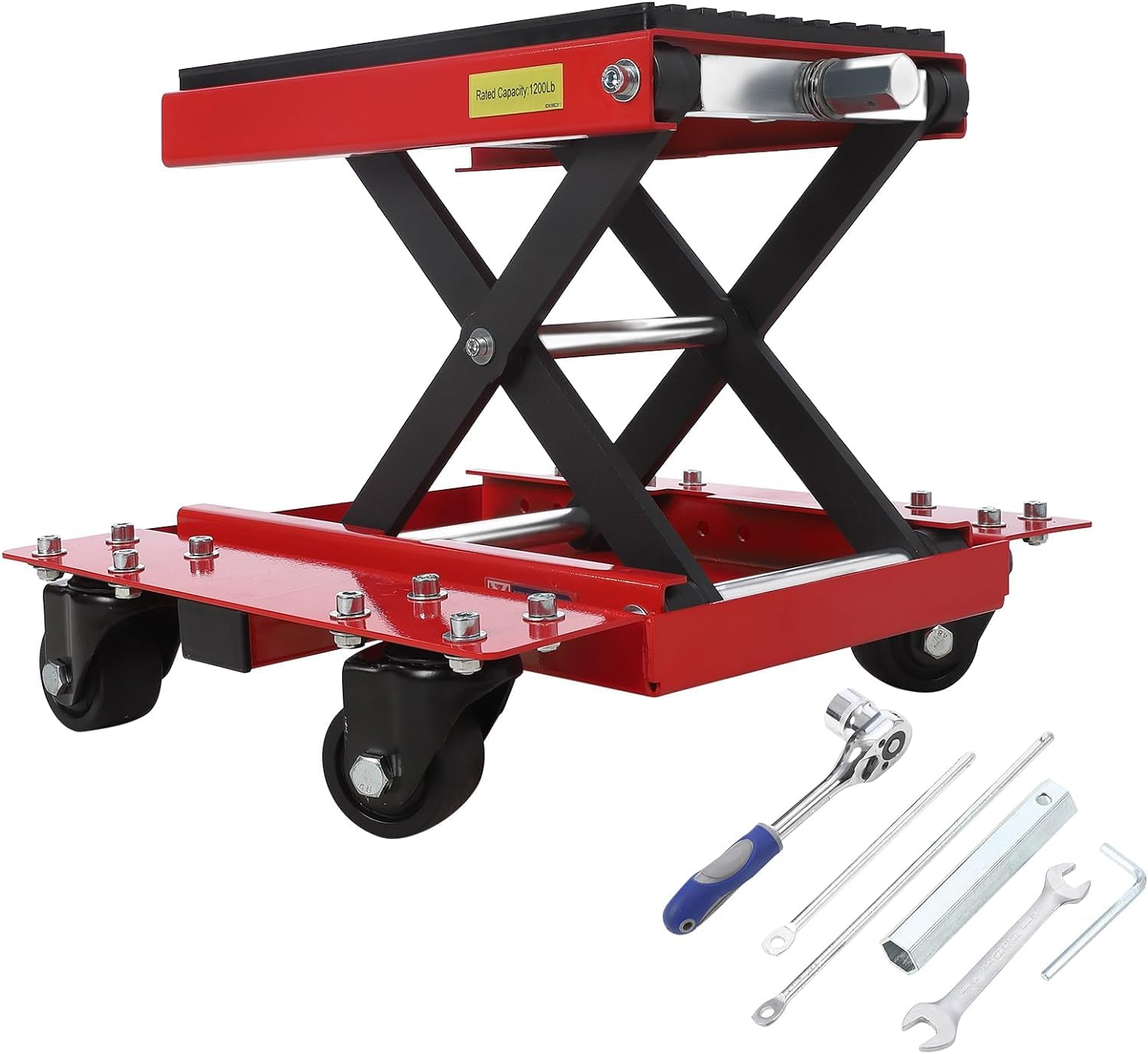 FairOnly 1200lbs Heavy Duty Motorcycle Scissor Lift Jack with Dolly - Wide Deck & Safety Pin for ATV, Dirt Bike, Cruiser Bikes - Perfect for Garage Repairs, Maintenance & Storage