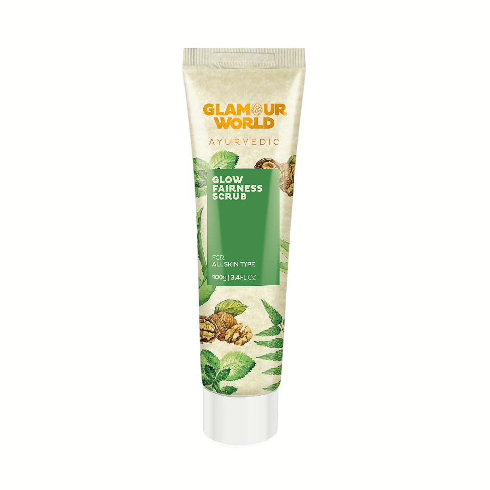 Glamour World Ayurvedic Glow Fairness Scrub - Natural Exfoliator with Neem, Walnut & Saffron Oil for Gentle Cleansing & Skin Brightening | Removes Dirt & Impurities | Perfect for Daily Skincare Routine & Glowing Complexion