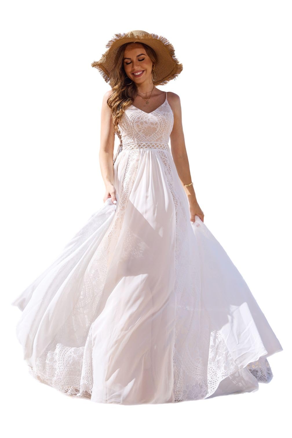 Elegant V-Neck A-Line Lace Spaghetti Strap Chiffon Beach Wedding Dress for Plus Size Brides | Perfect for Outdoor, Destination, and Boho Chic Weddings