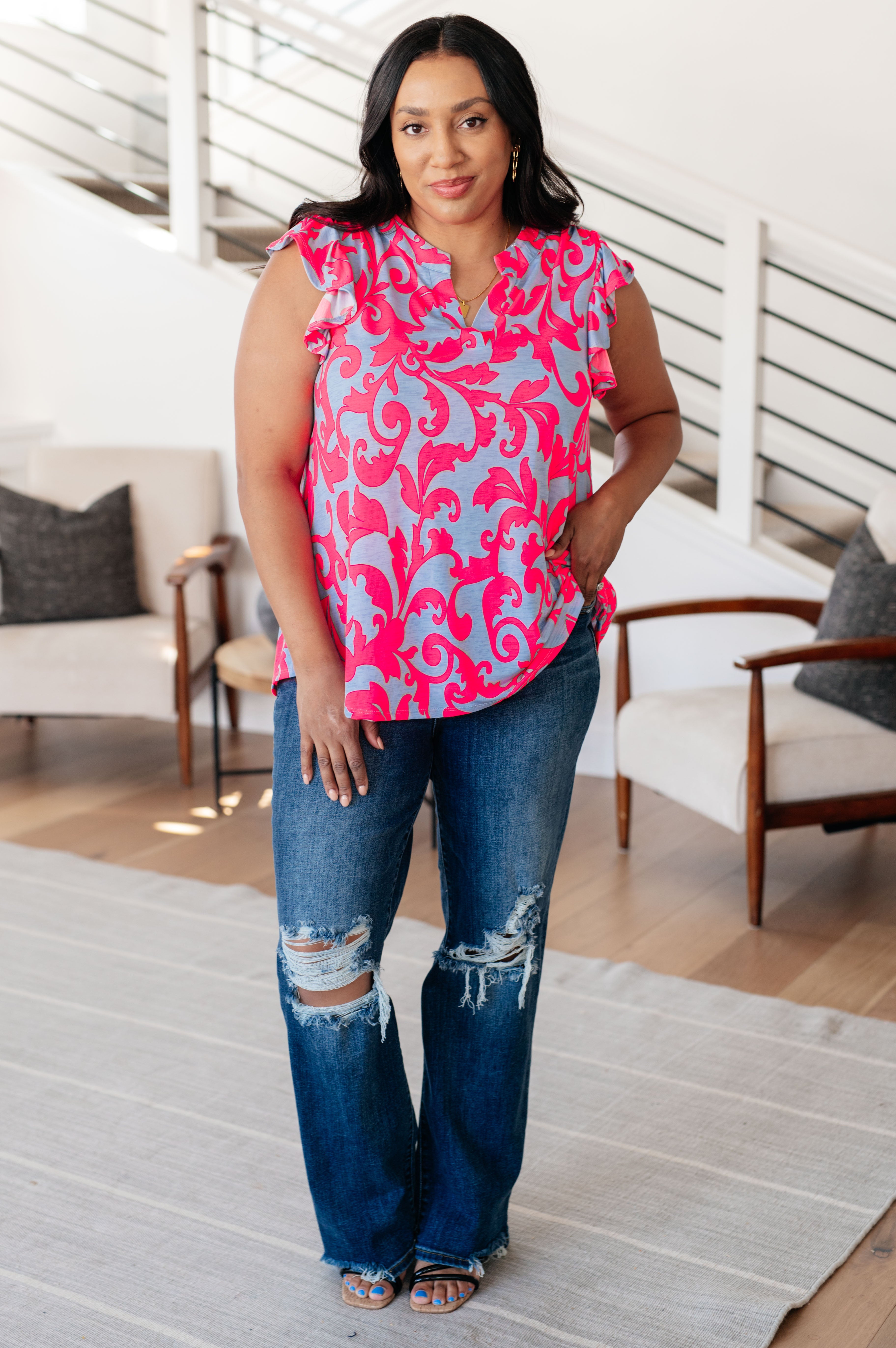 Lizzy Flutter Sleeve Blouse - Lavender & Hot Pink Floral Lace Top for Women | Boho Chic Summer Outfit, Date Night & Casual Wear
